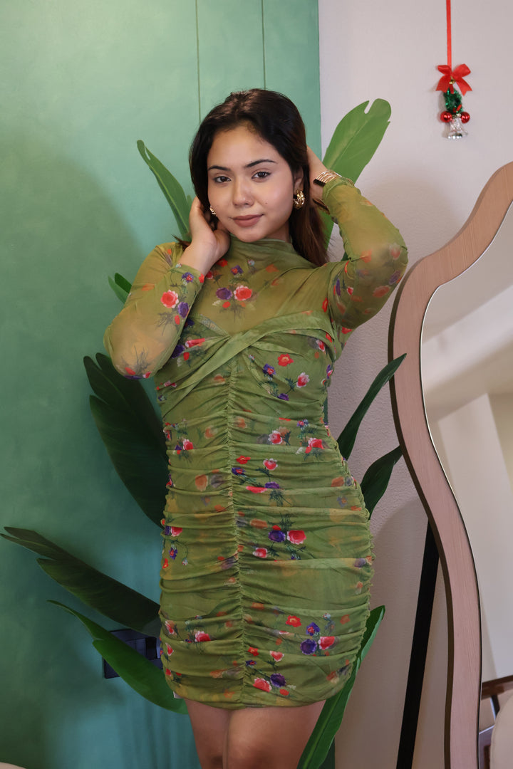 Green Floral Ruched Mesh Bodycon Dress – Miraazi
