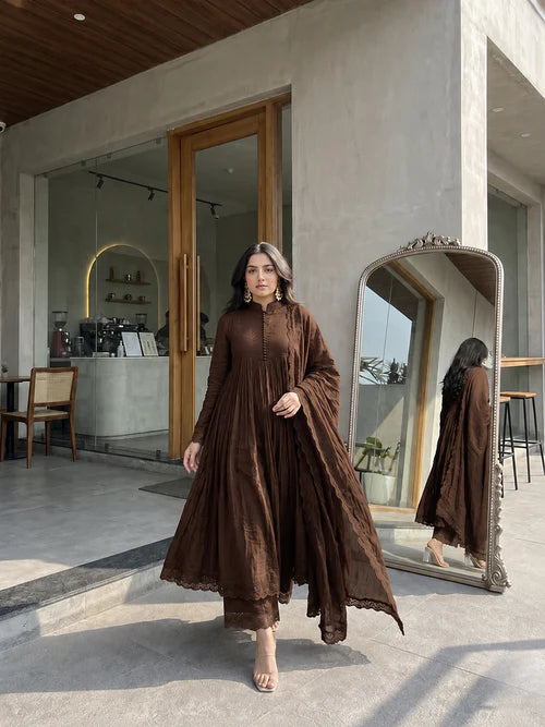 Brown Flared Anarkali Suit Set with Dupatta