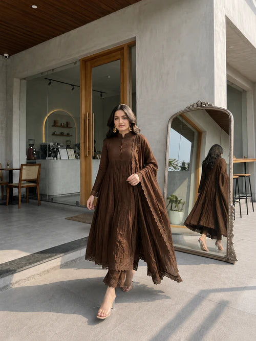 Brown Flared Anarkali Suit Set with Dupatta