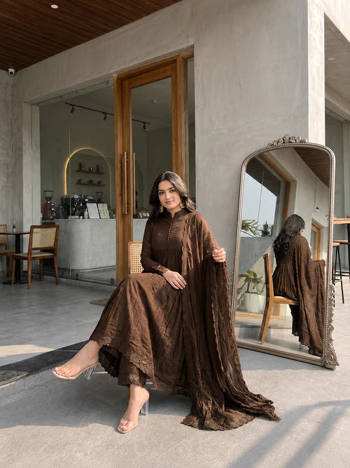 Brown Flared Anarkali Suit Set with Dupatta