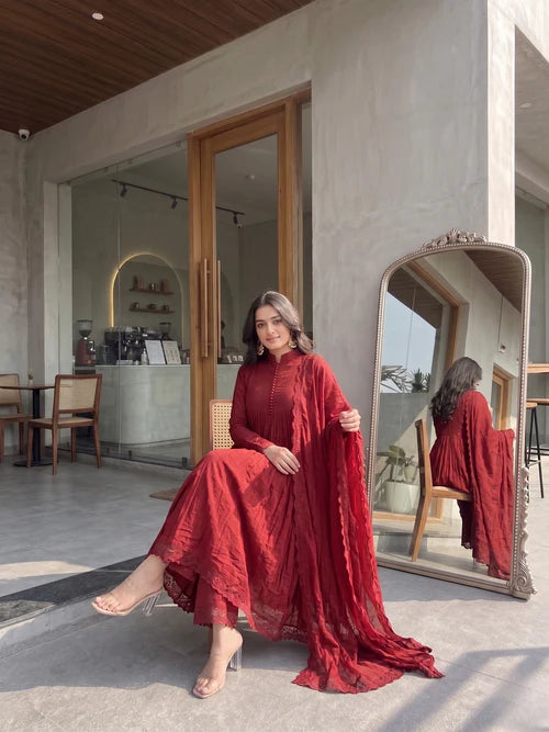 Elegant Wine Red Anarkali Suit Set with Dupatta