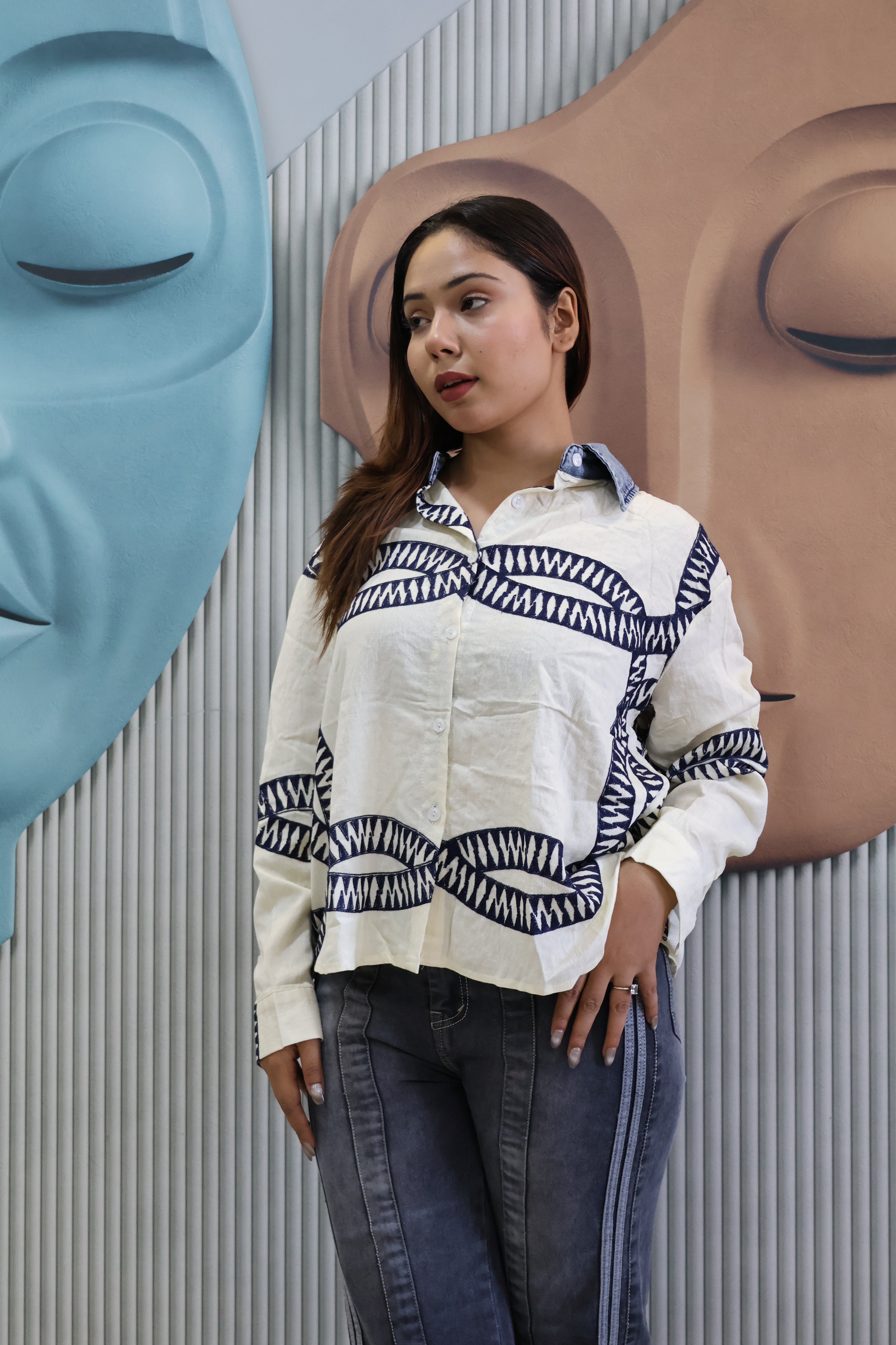Designer Cotton Shirt with Handcrafted Work Detail (cream)