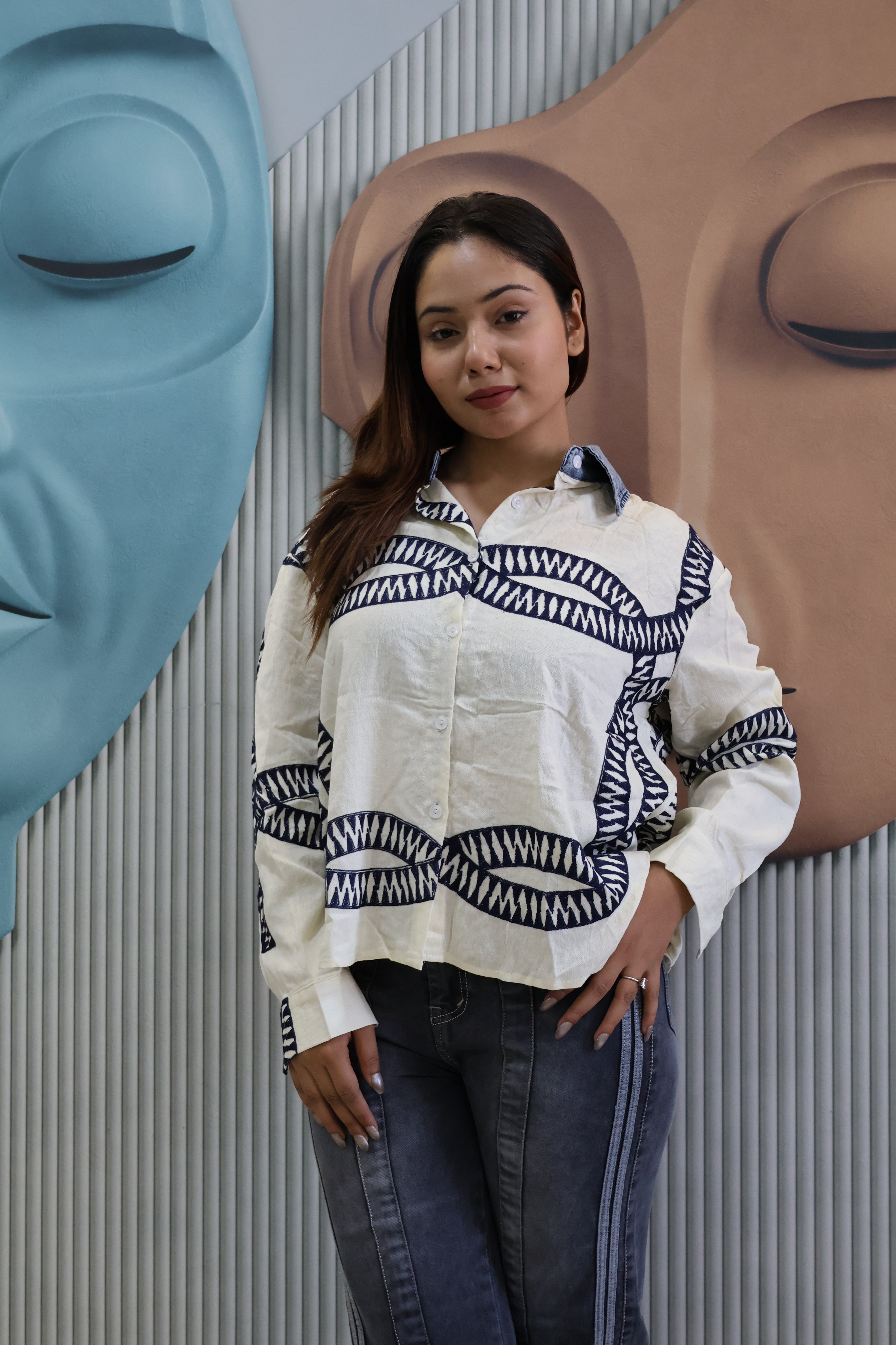 Designer Cotton Shirt with Handcrafted Work Detail (cream)