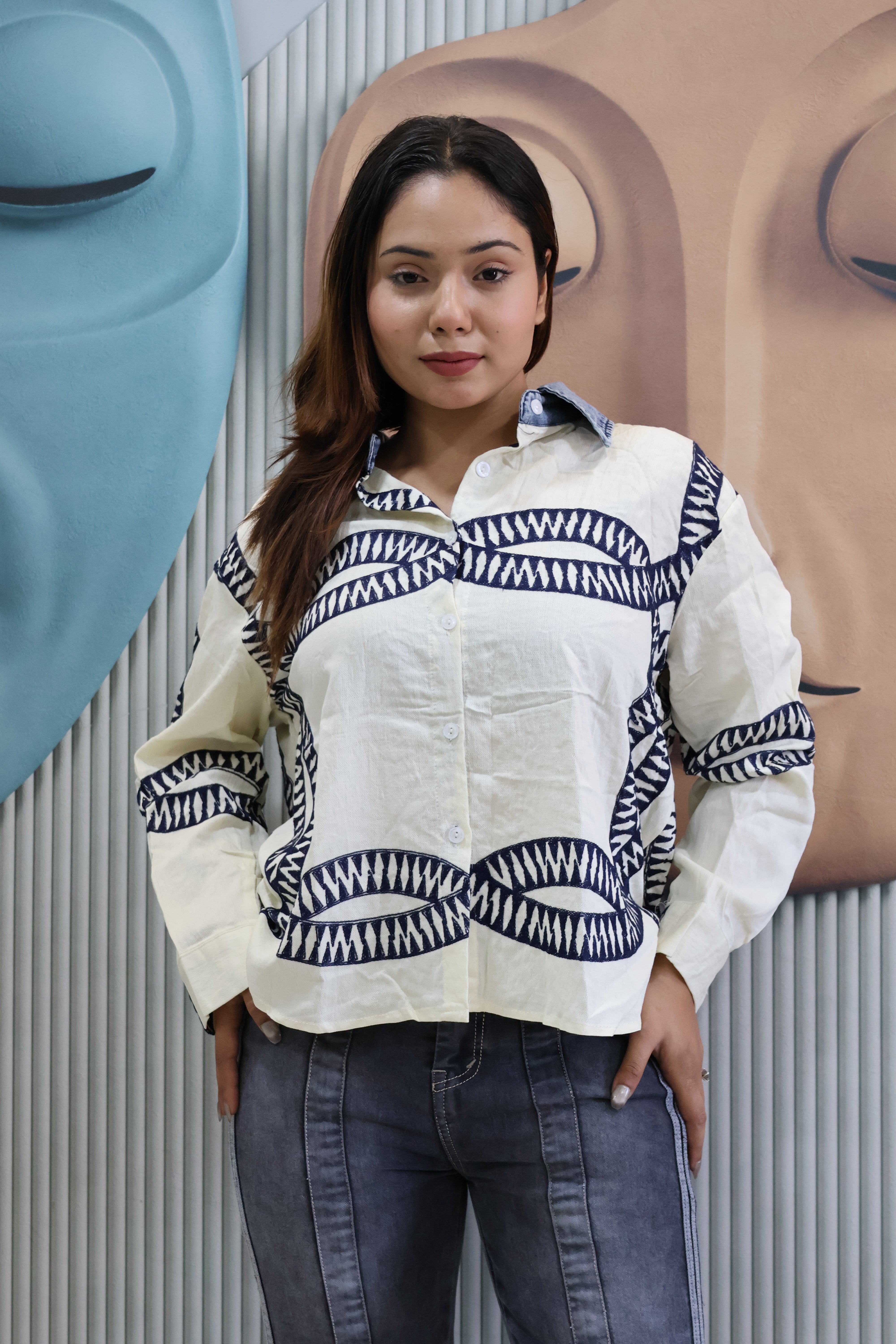Designer Cotton Shirt with Handcrafted Work Detail (cream)