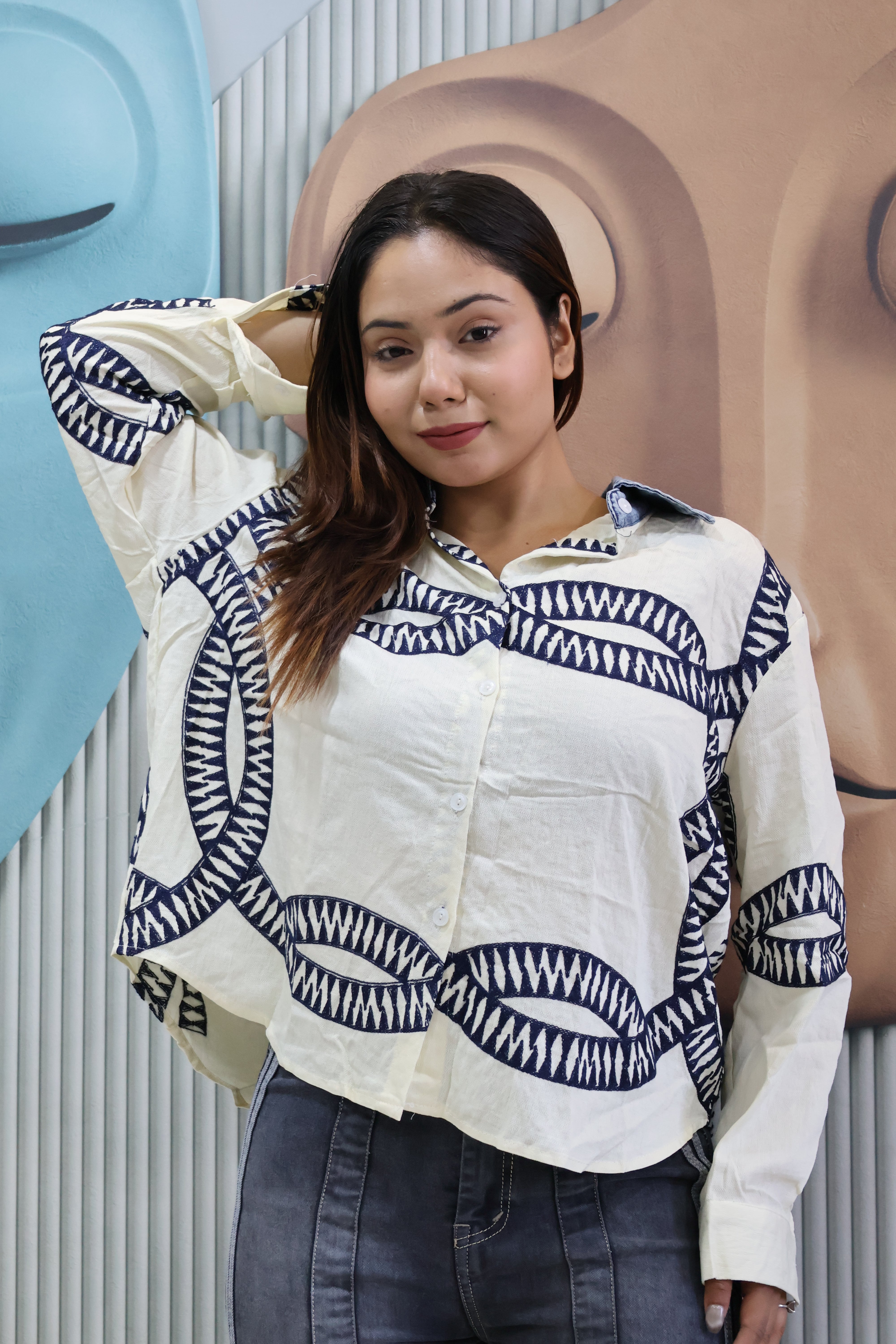 Designer Cotton Shirt with Handcrafted Work Detail (cream)