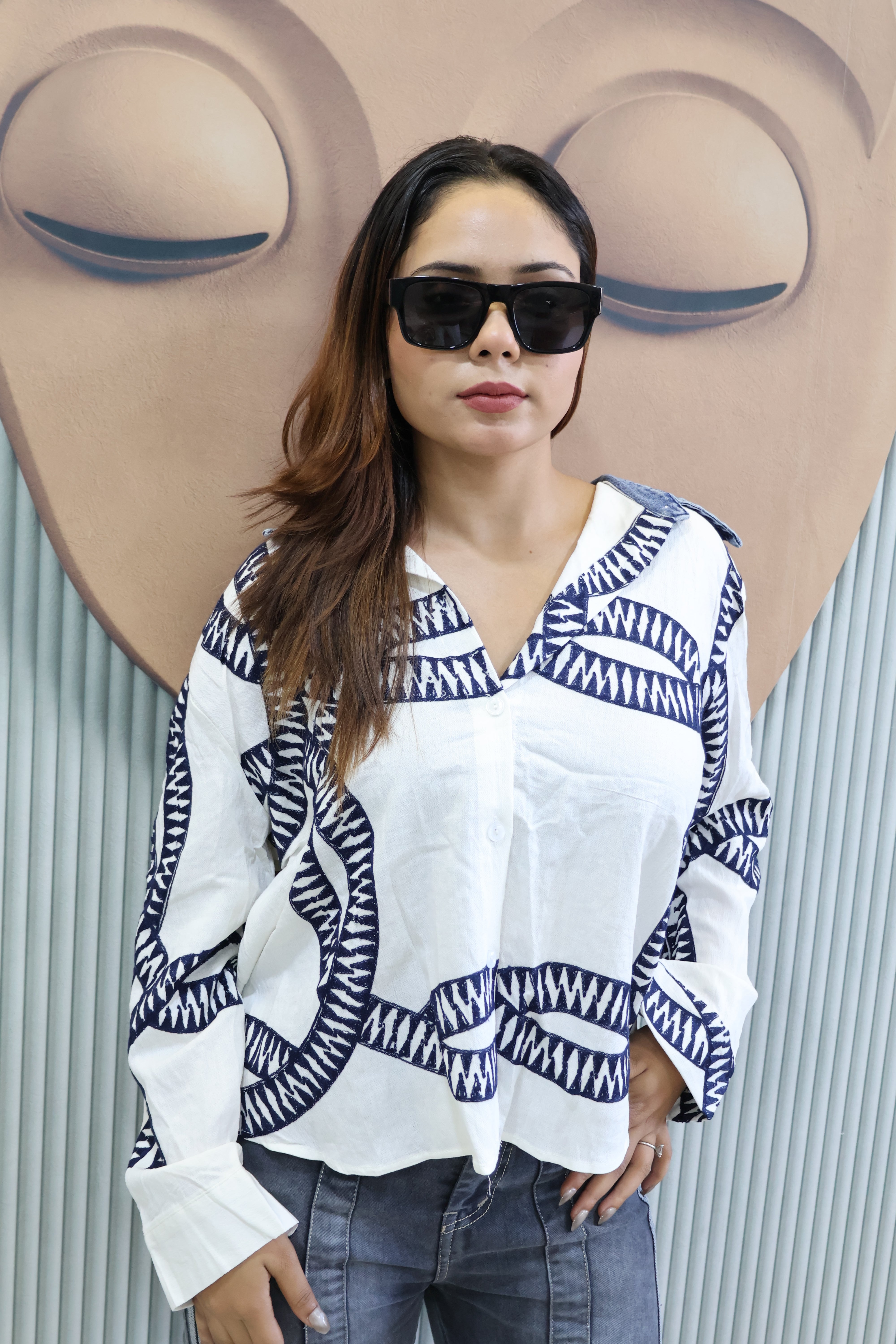Designer Cotton Shirt with Handcrafted Work Detail (off-white)