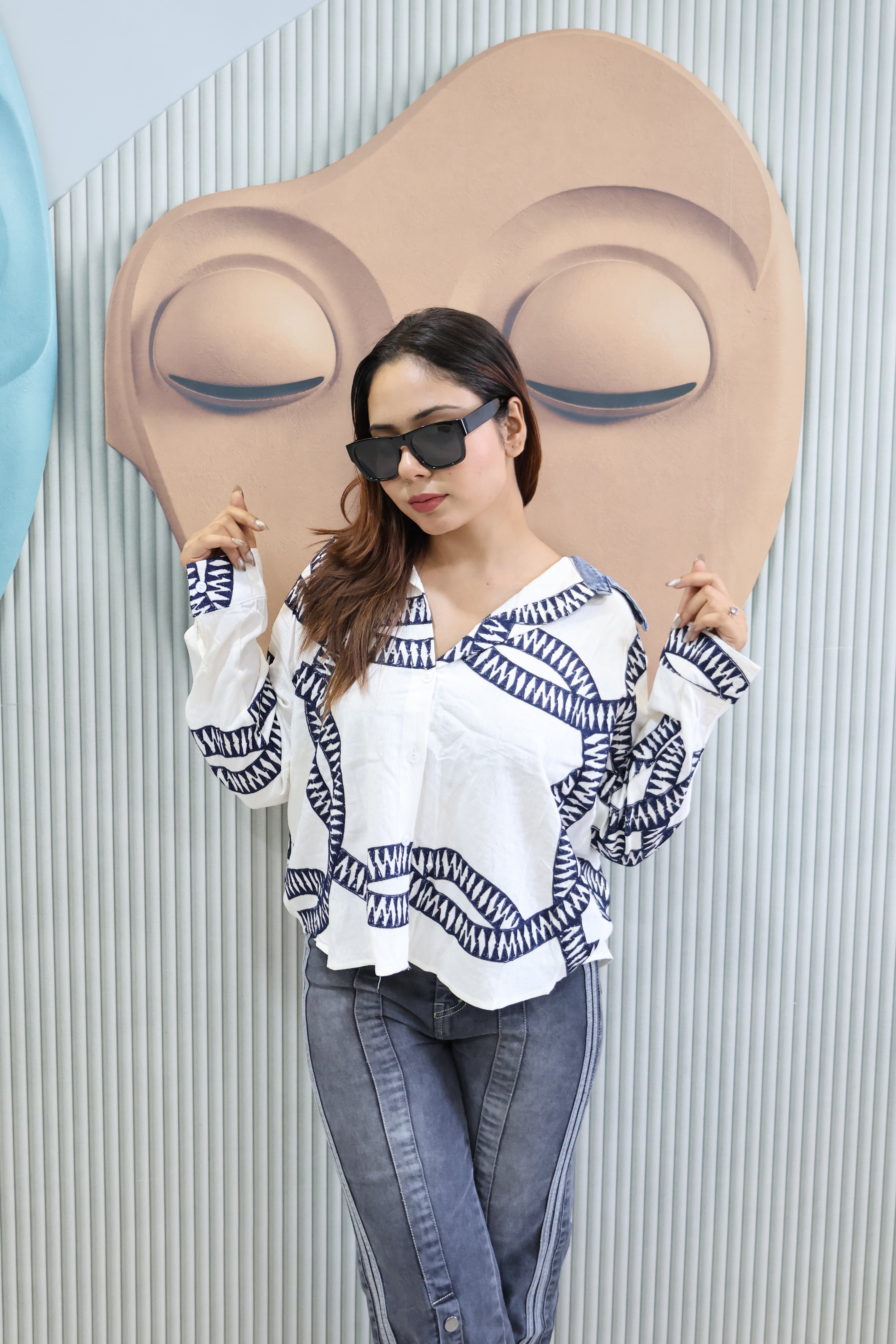 Designer Cotton Shirt with Handcrafted Work Detail (off-white)