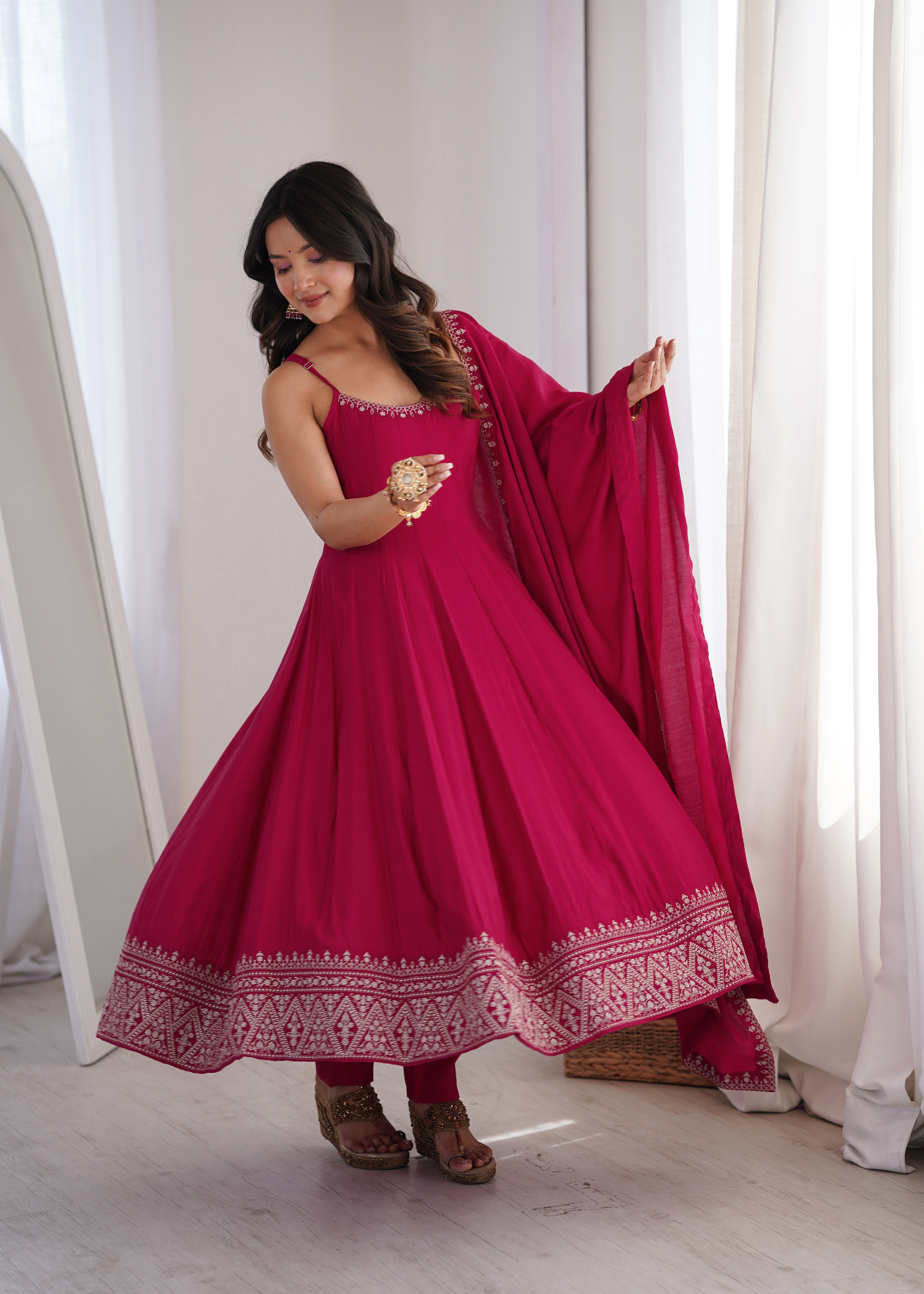 Rani Pink Color Roman Silk Chanderi Silk Three Piece Anarkali Suit