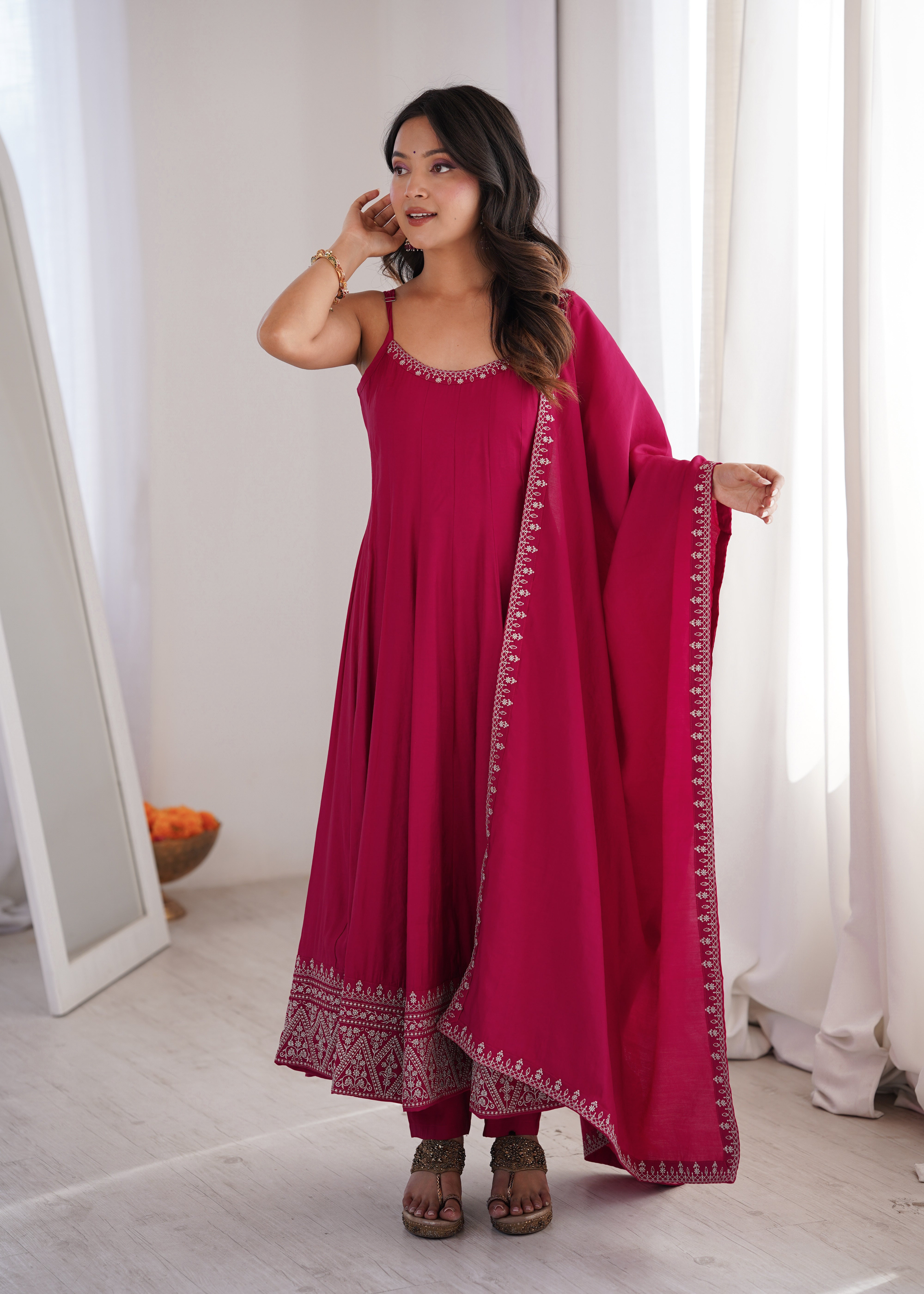 Rani Pink Color Roman Silk Chanderi Silk Three Piece Anarkali Suit