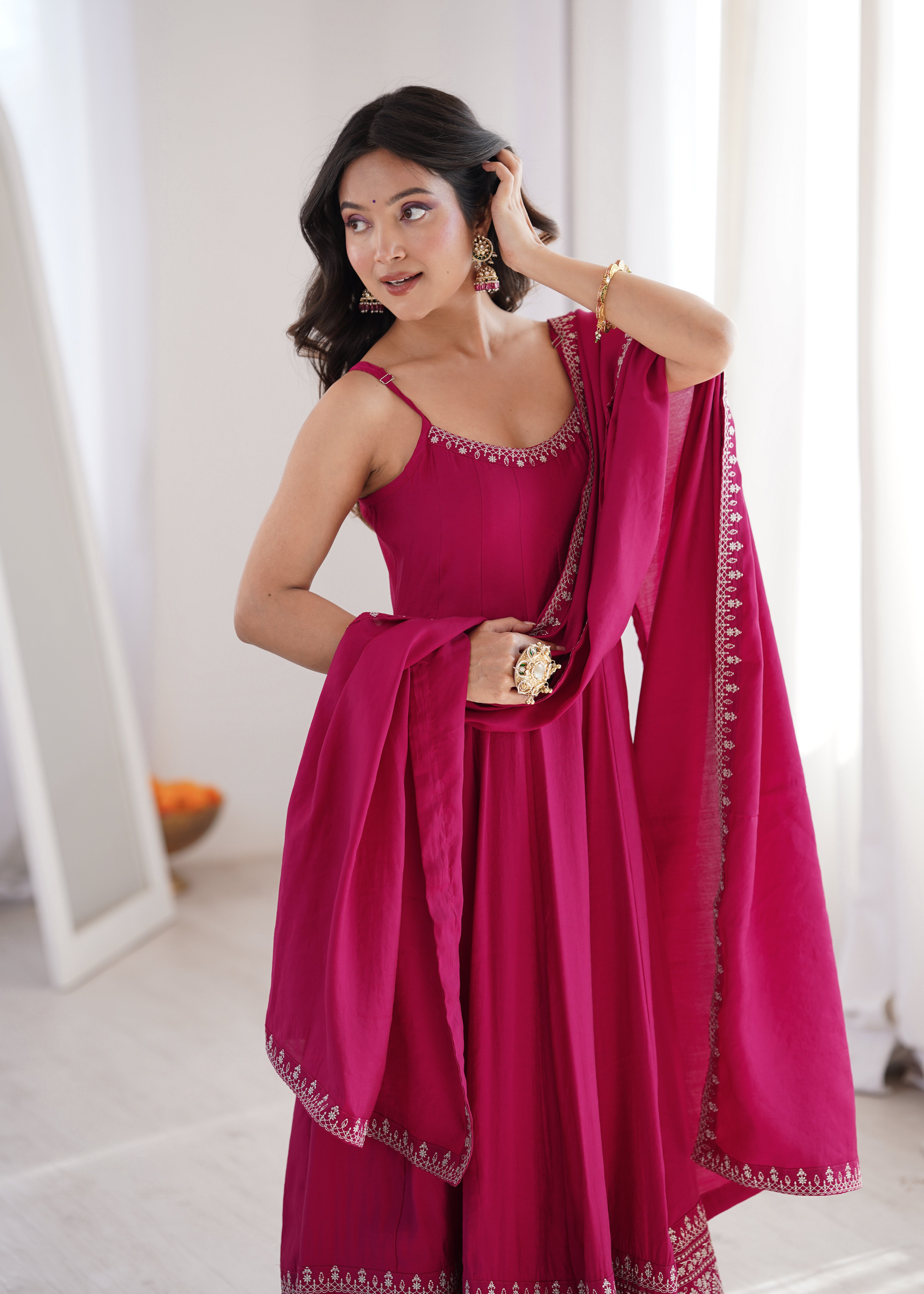 Rani Pink Color Roman Silk Chanderi Silk Three Piece Anarkali Suit