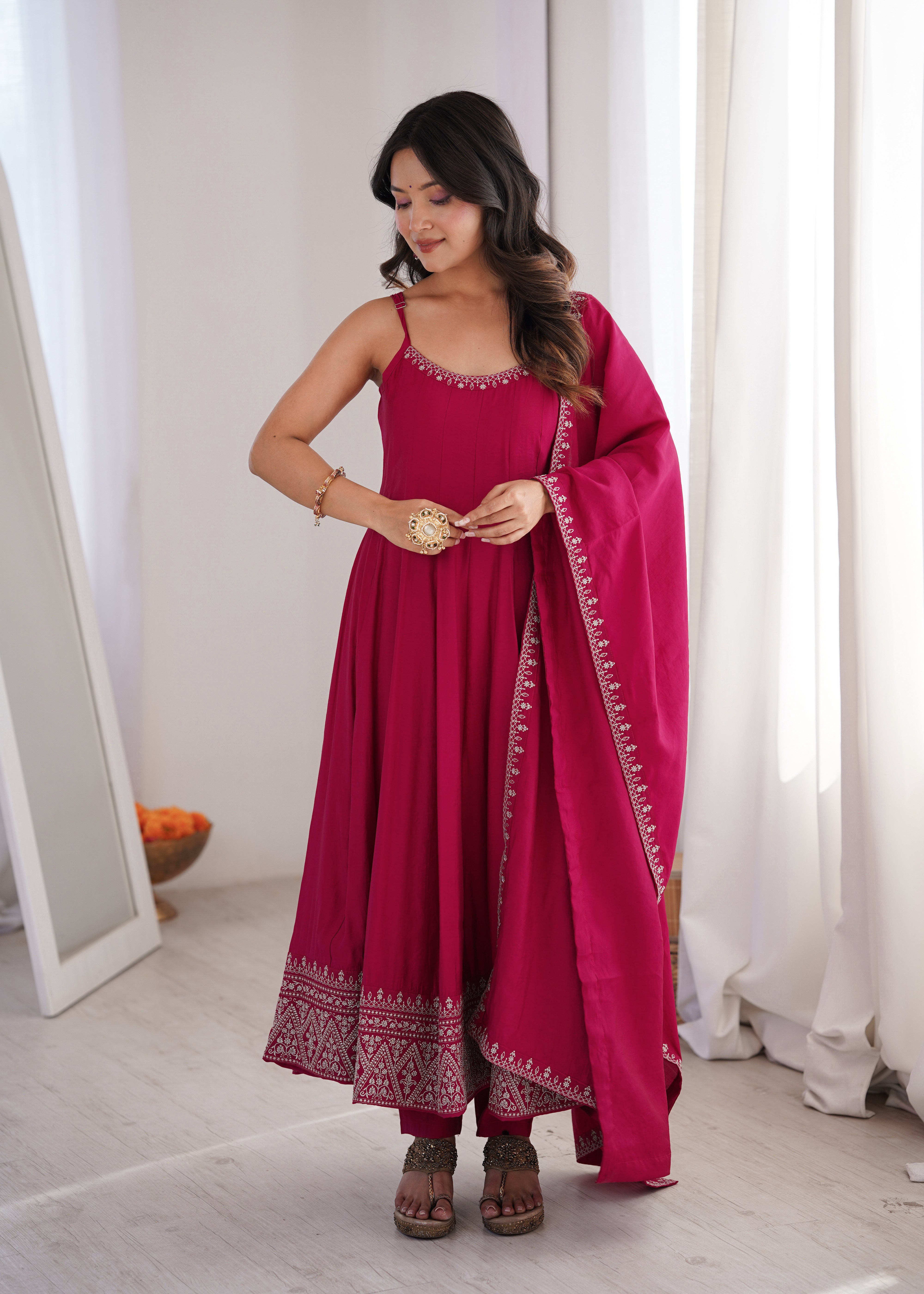 Rani Pink Color Roman Silk Chanderi Silk Three Piece Anarkali Suit