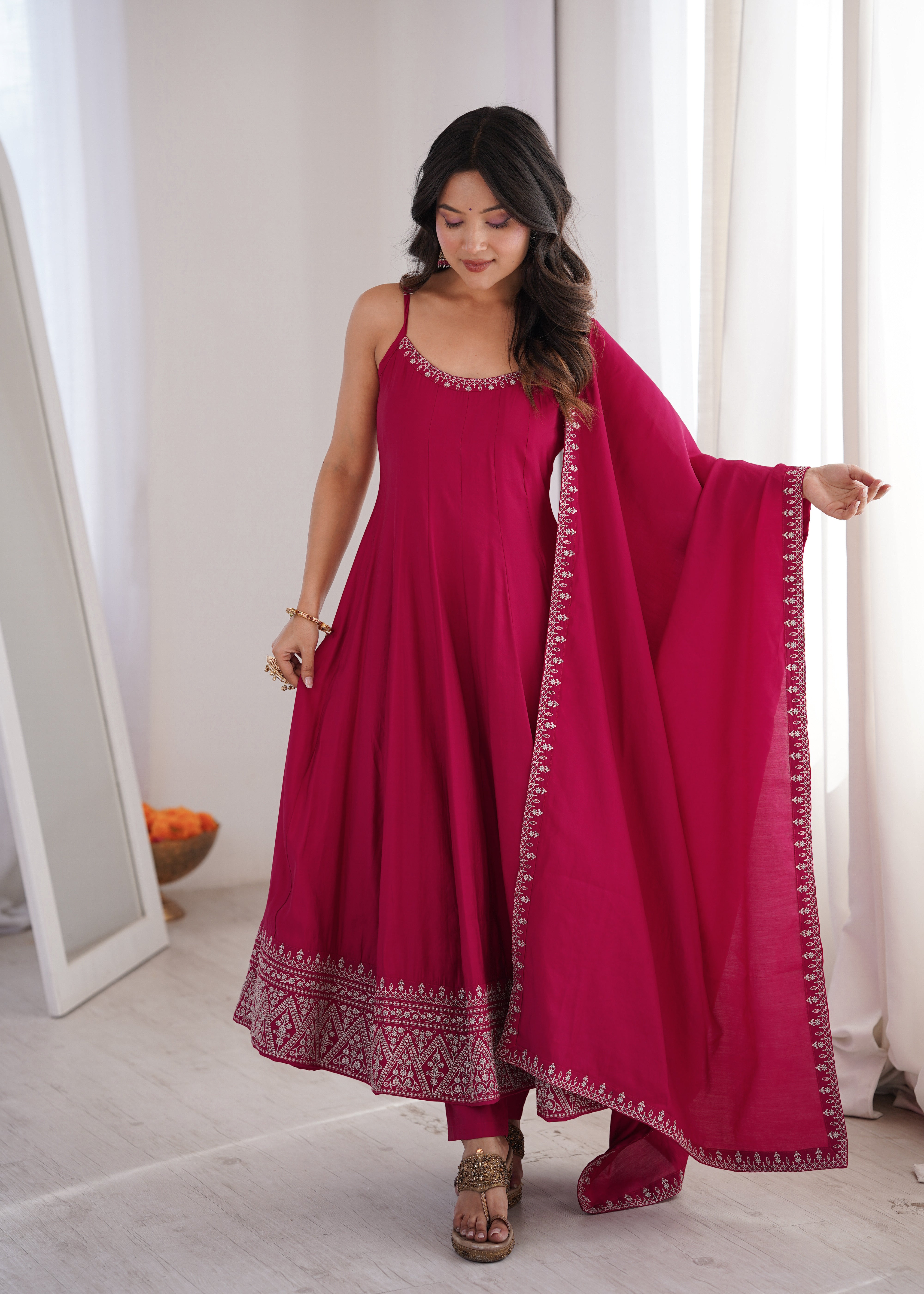 Rani Pink Color Roman Silk Chanderi Silk Three Piece Anarkali Suit