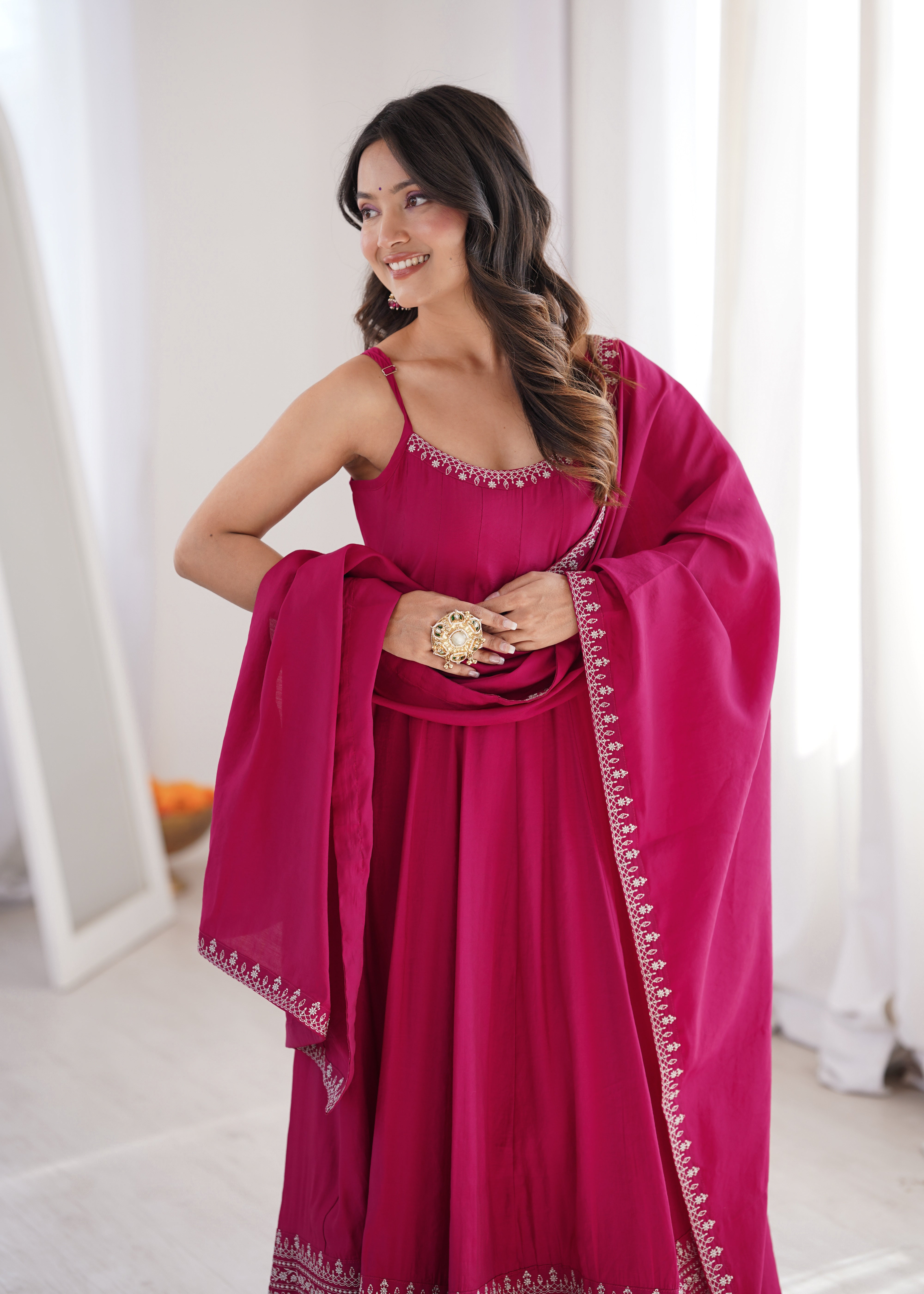 Rani Pink Color Roman Silk Chanderi Silk Three Piece Anarkali Suit