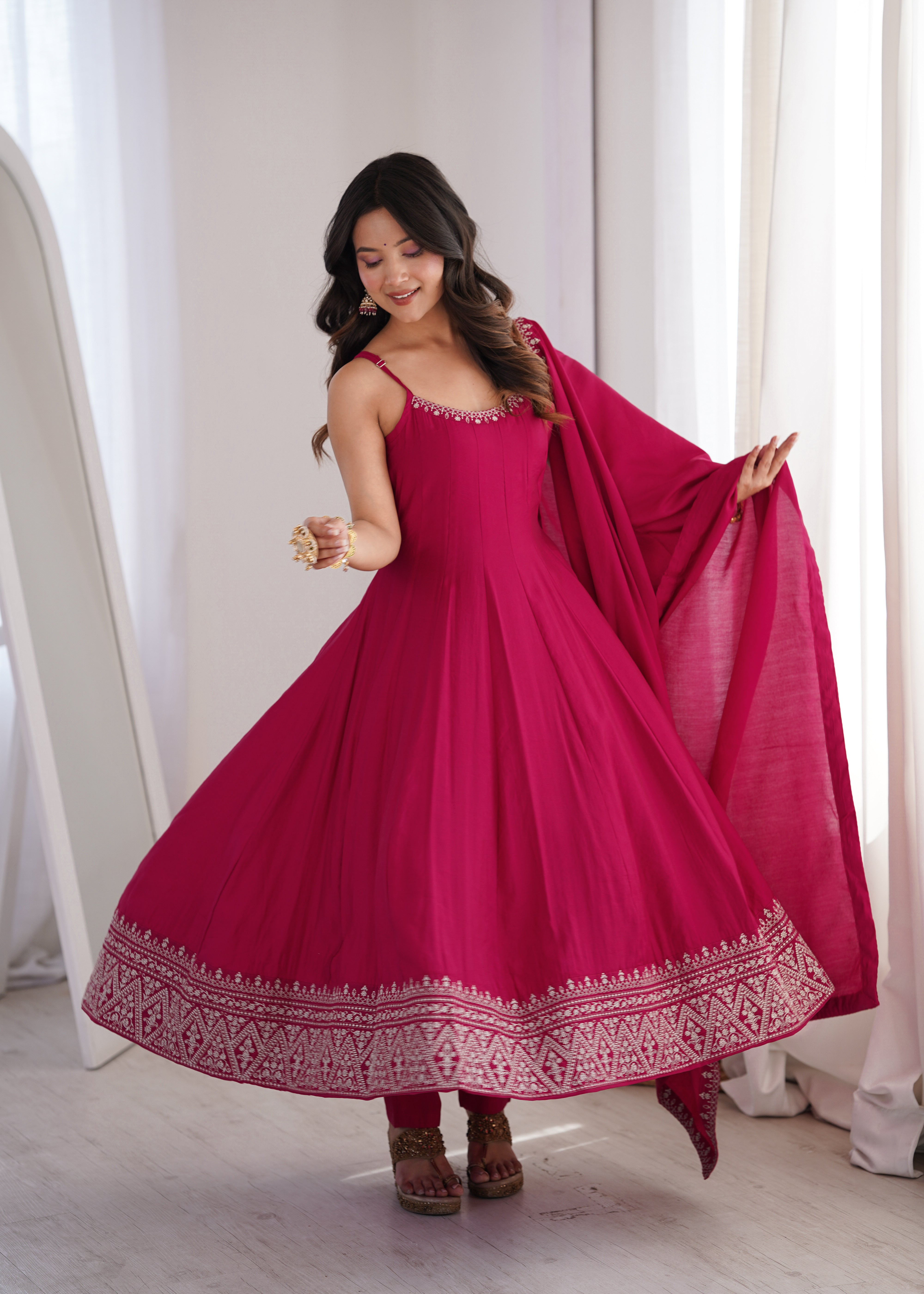 Rani Pink Color Roman Silk Chanderi Silk Three Piece Anarkali Suit