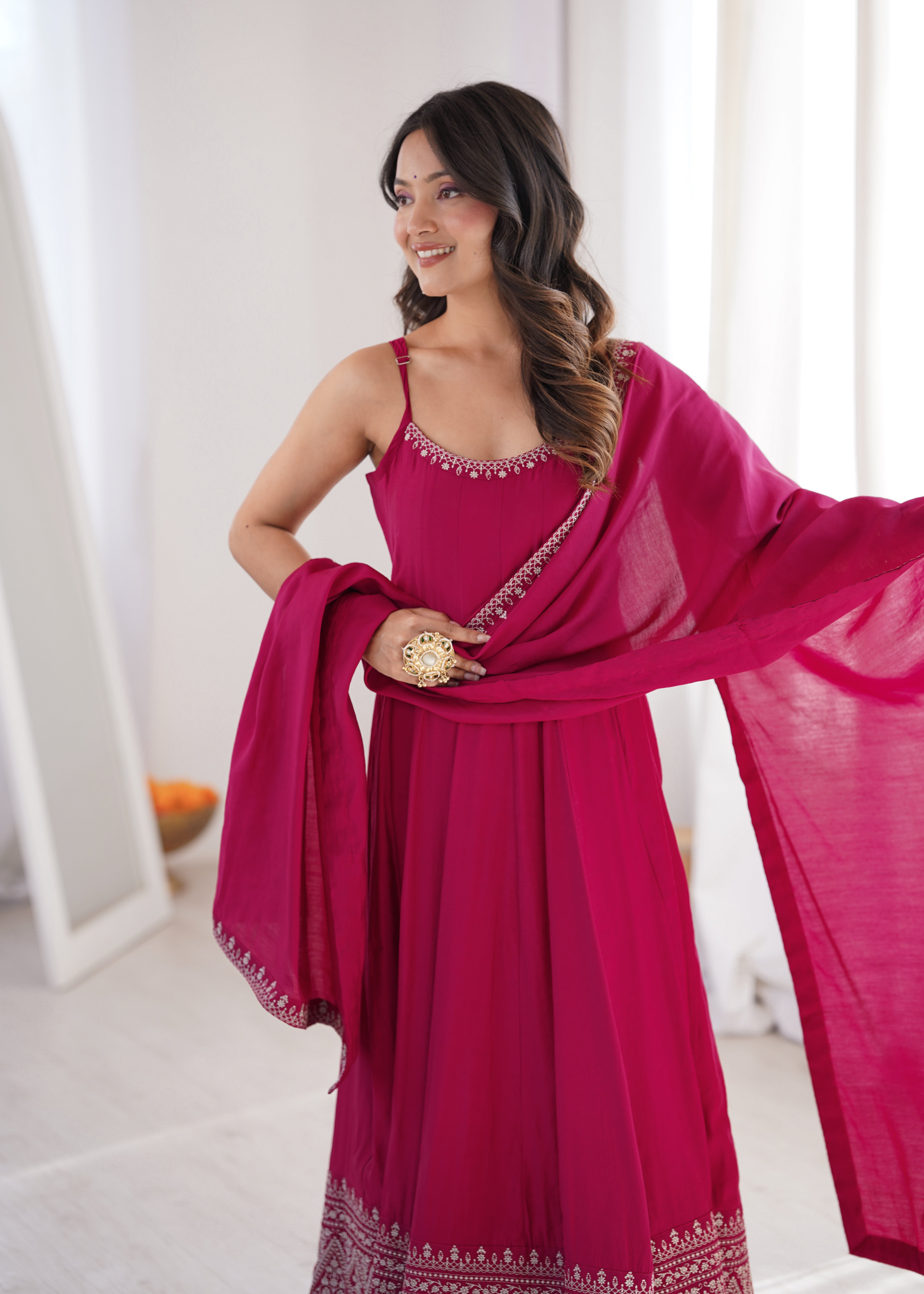 Rani Pink Color Roman Silk Chanderi Silk Three Piece Anarkali Suit