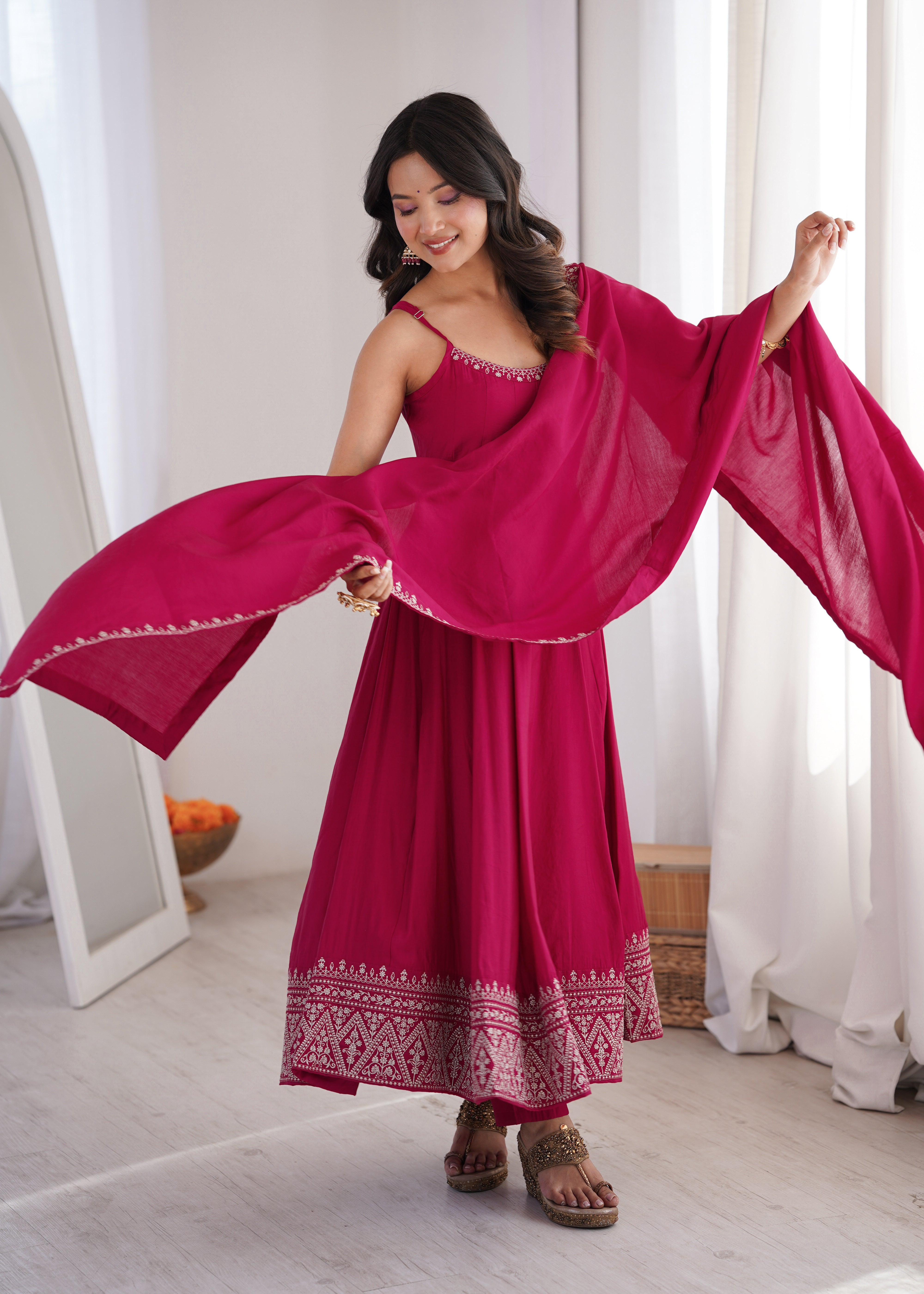 Rani Pink Color Roman Silk Chanderi Silk Three Piece Anarkali Suit