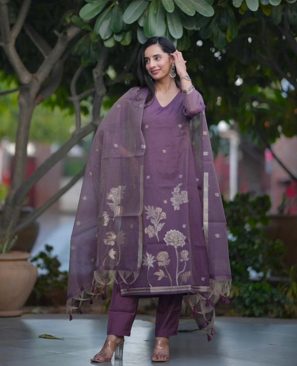 Pastel Mauve Floral Kurta Pant Set with Sheer Dupatta