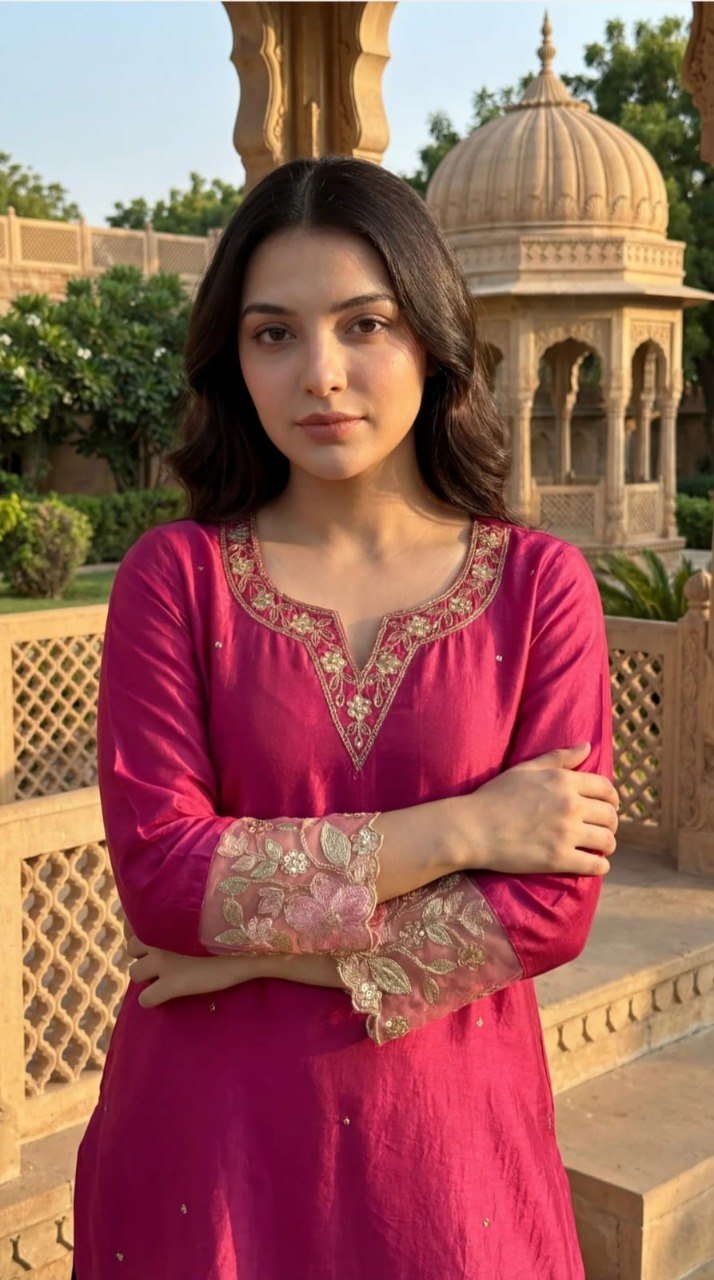 Fuchsia Pink Silk Blend Ethnic Motifs Embroidered Festive Suit Set (Set of 3)
