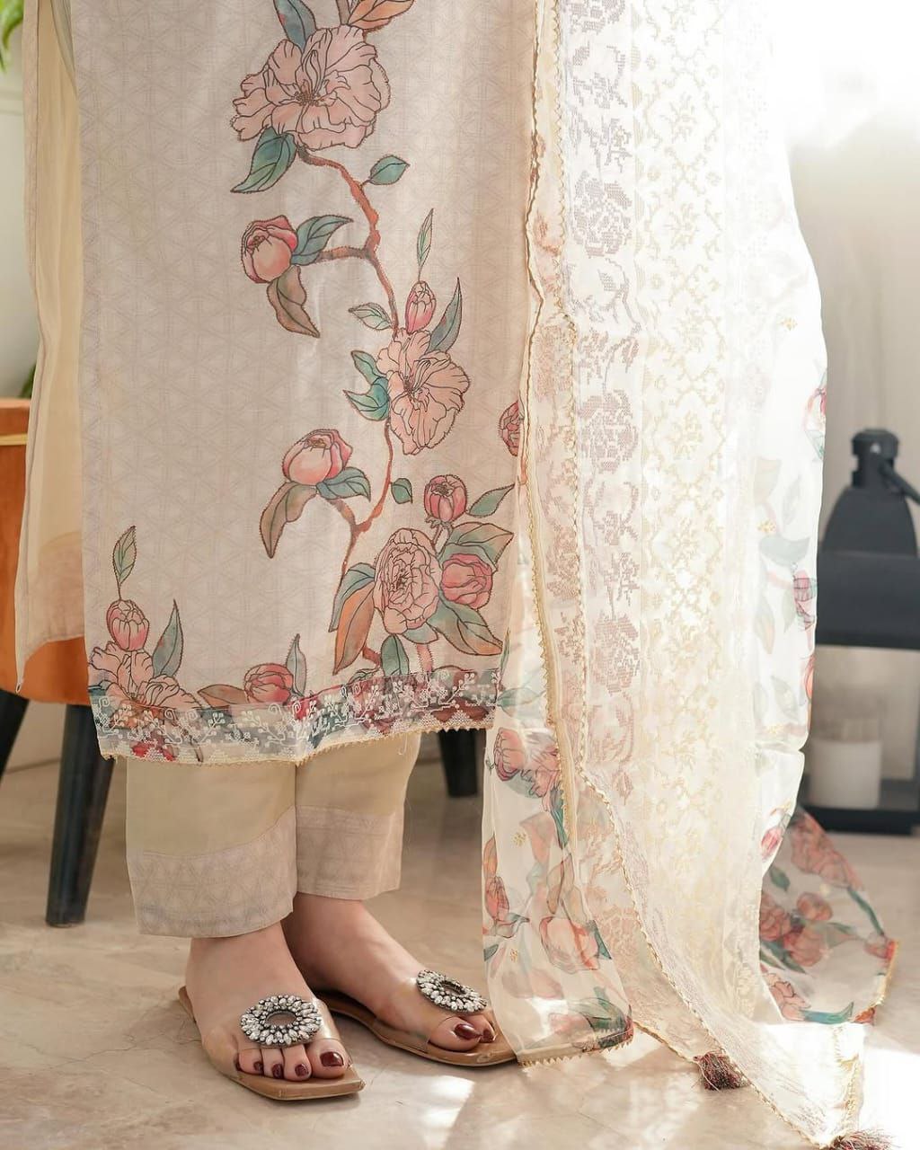 Elegant Beige Floral Linen Cotton Kurti Pant & Dupatta Set