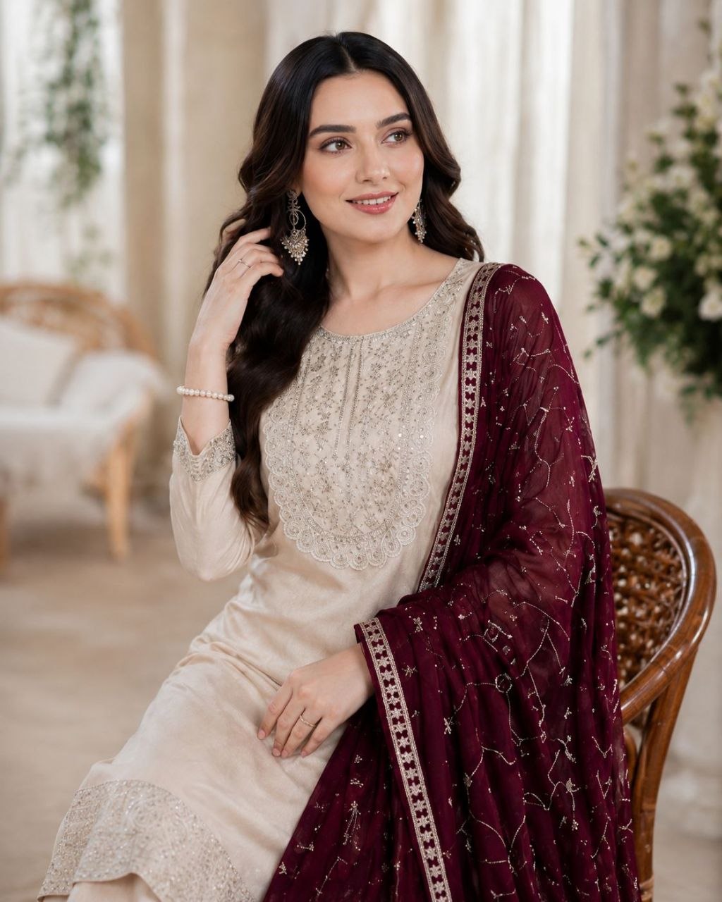 Premium Beige Silk Kurta Set with Deep Wine Dupatta