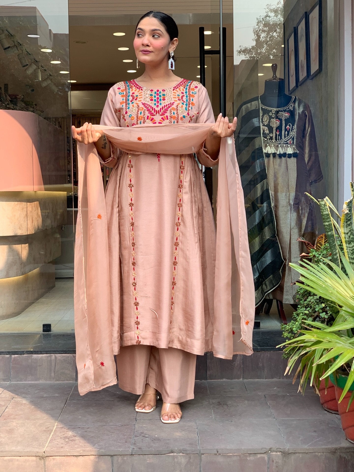 Elegant Peach Embroidered Anarkali Kurta Pant Set with Dupatta