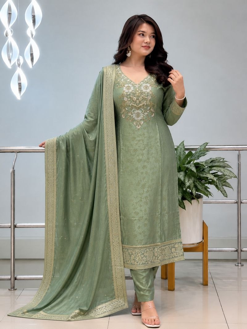 Elegant Sage Green Embroidered Kurta Set with Organza Dupatta for Women