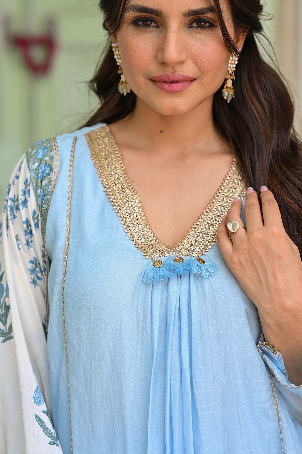 Mahee Jaipur Powder Blue Pure Mul Kurta With Pant And Dupatta Set