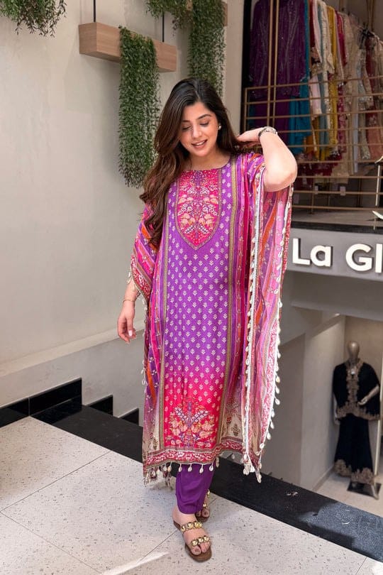 Purple Mustard Printed Kaftan Kurti Set with Beads Work & Pants