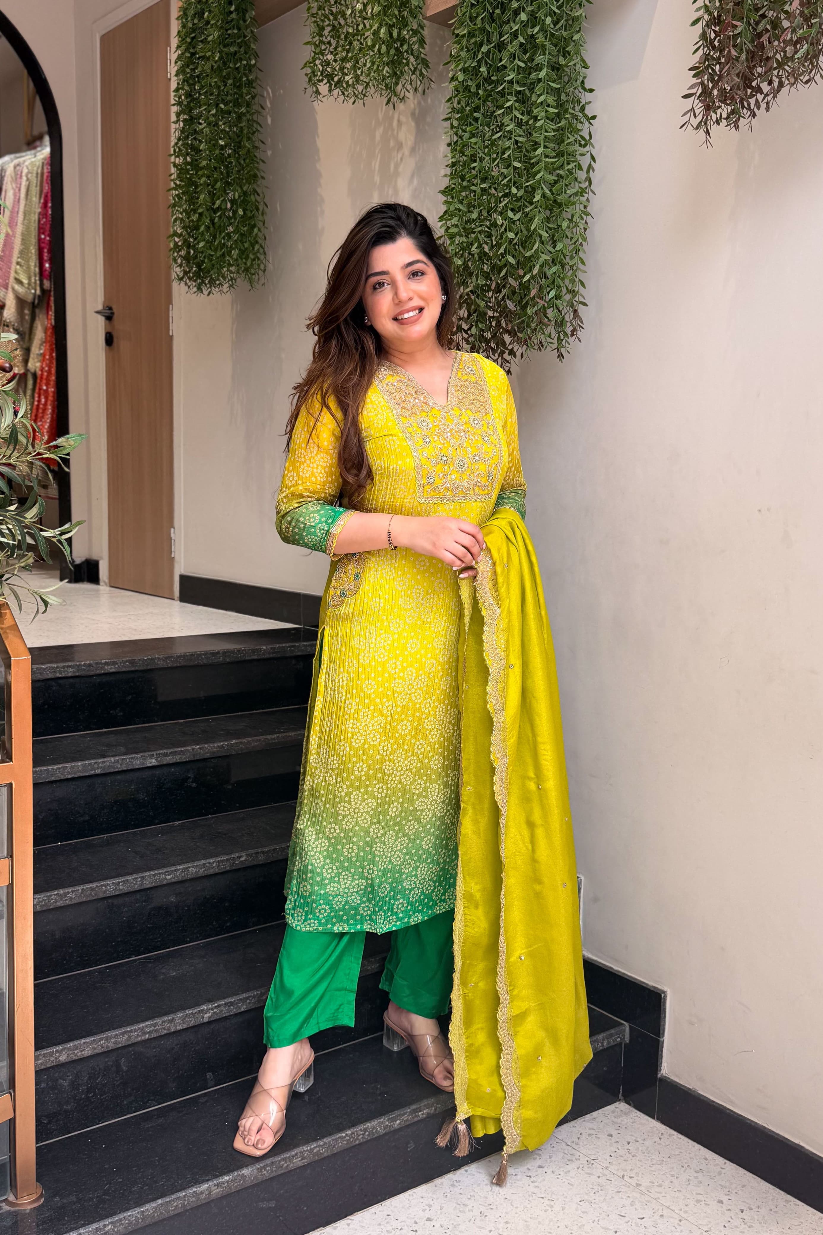 Lime Green Bandhani Print Premium Silk Suit Set