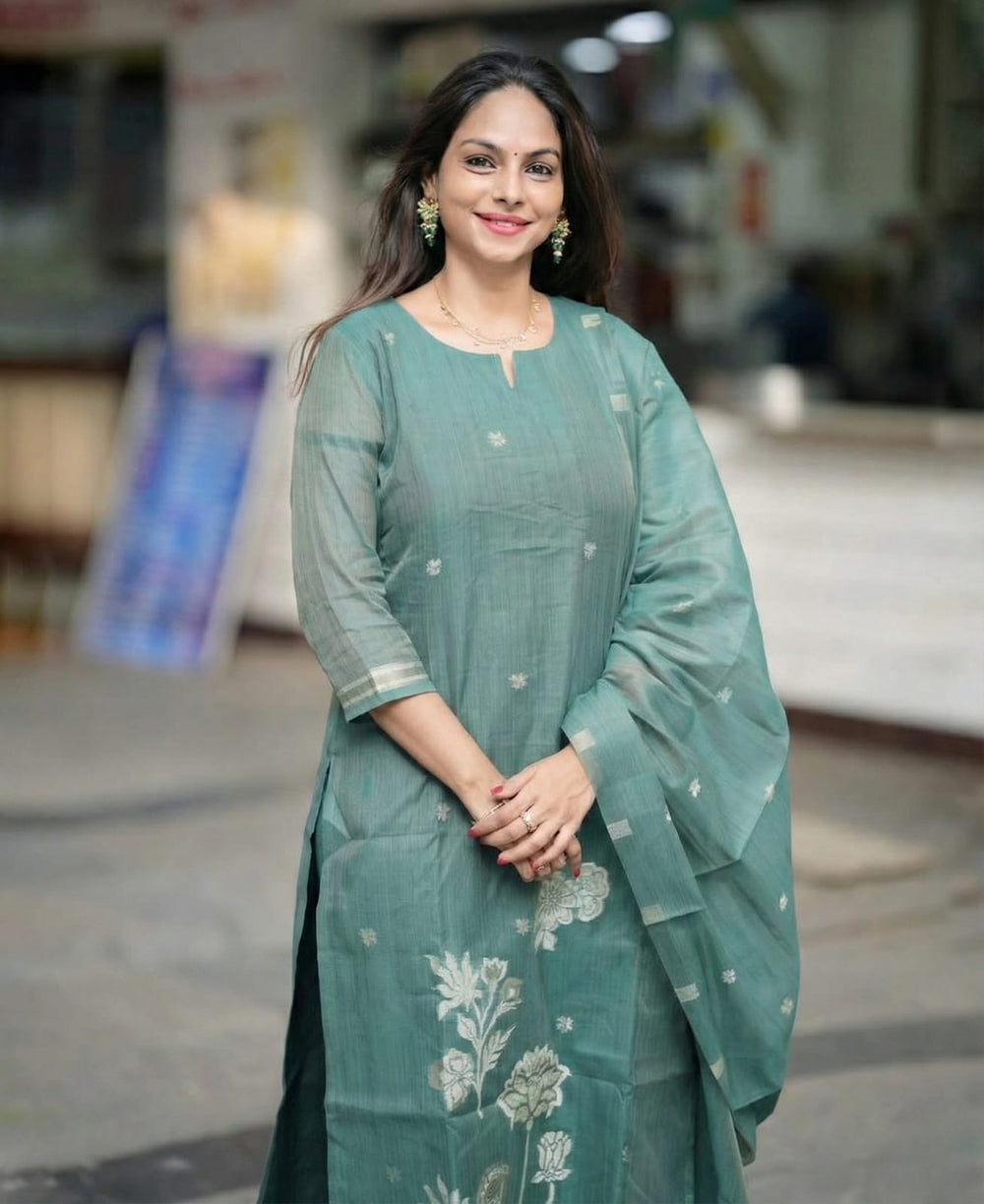 Women's Elegant Sage Green Woven Floral Silk Kurta Pant Set with Dupatta