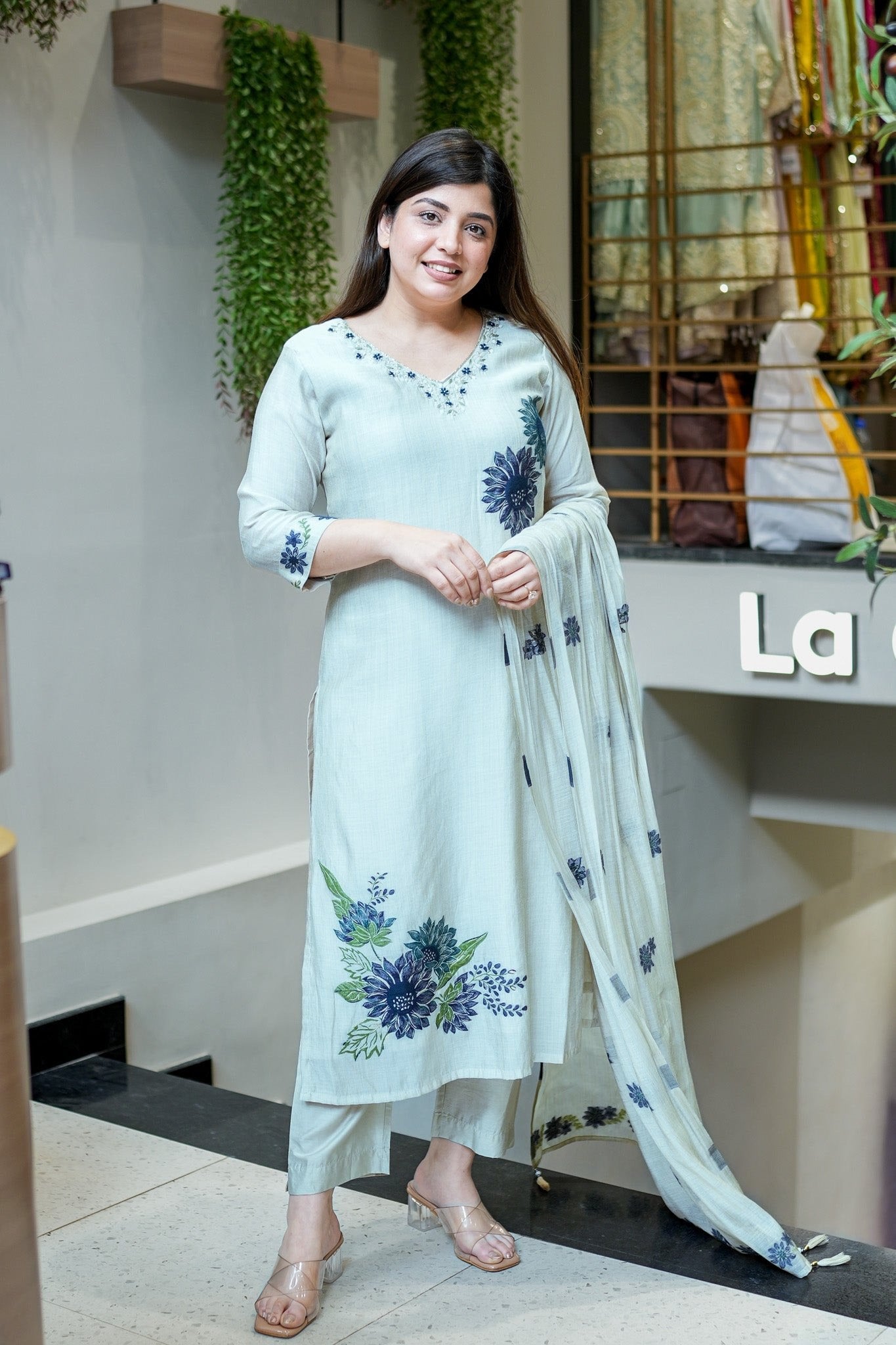 Ice Blue Pure Lilan Suit Set for Women