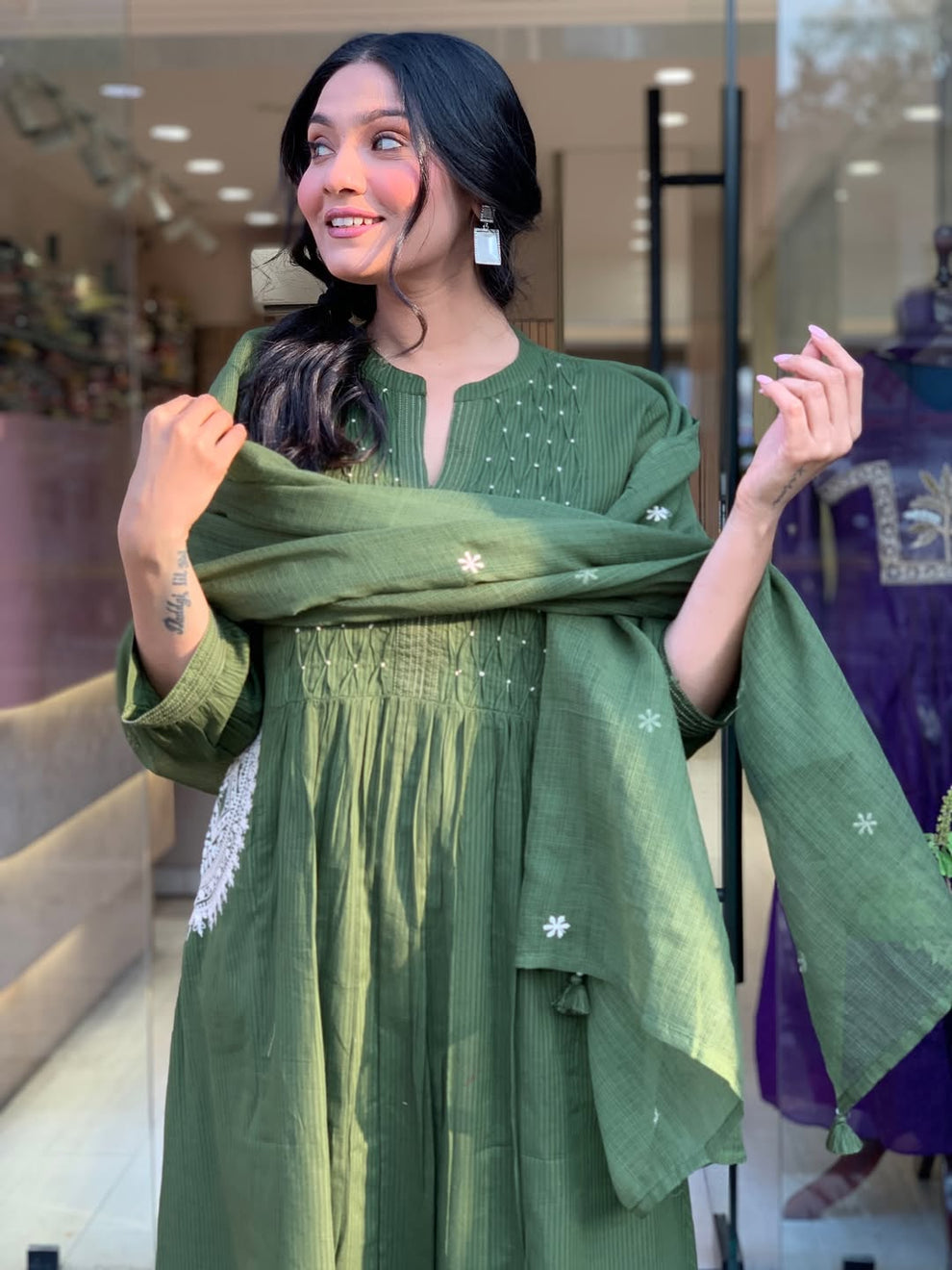 Olive Green Cotton Blend Embroidered Kurta With Pant & Dupatta Set
