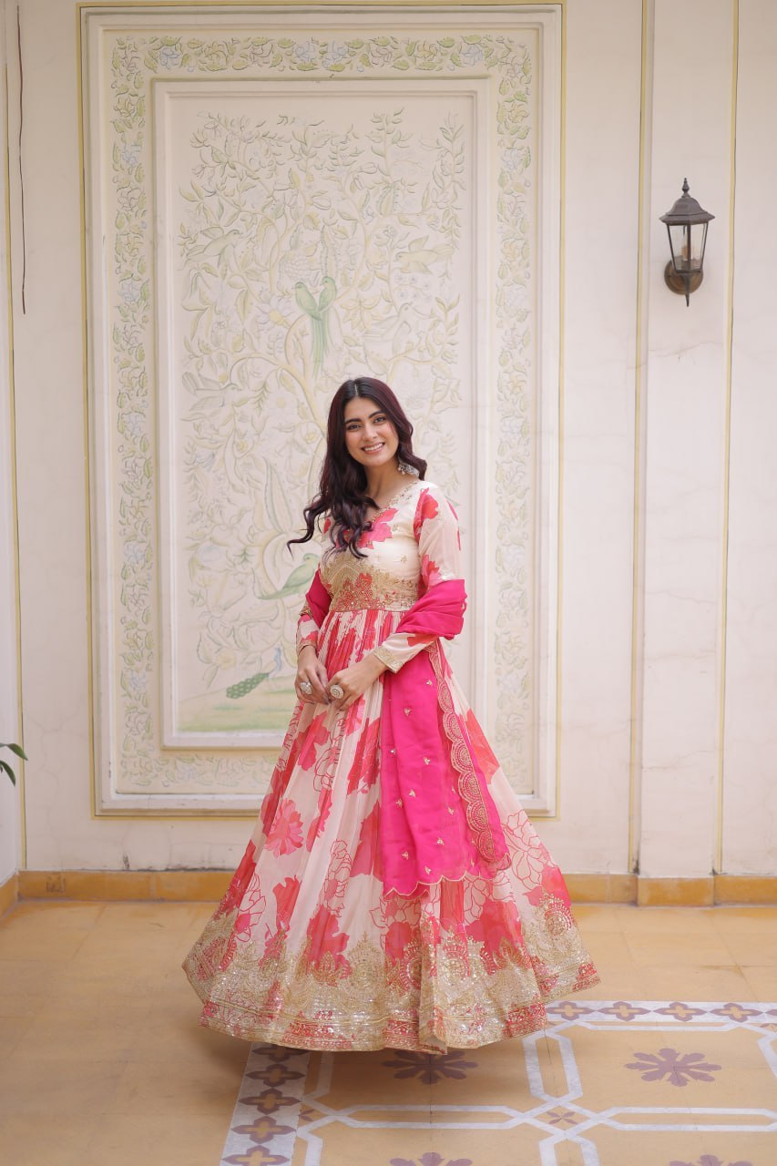 White With Pink Embroidery Zari Sequins Work Digital Printed Russian Silk Gown With Dupatta