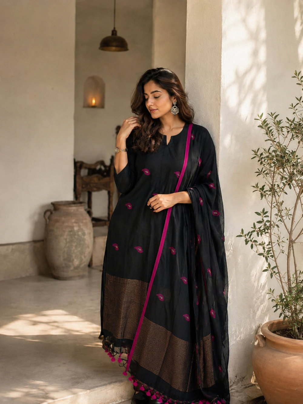 Royal Black & Magenta Designer Jacquard Suit Set with Dupatta