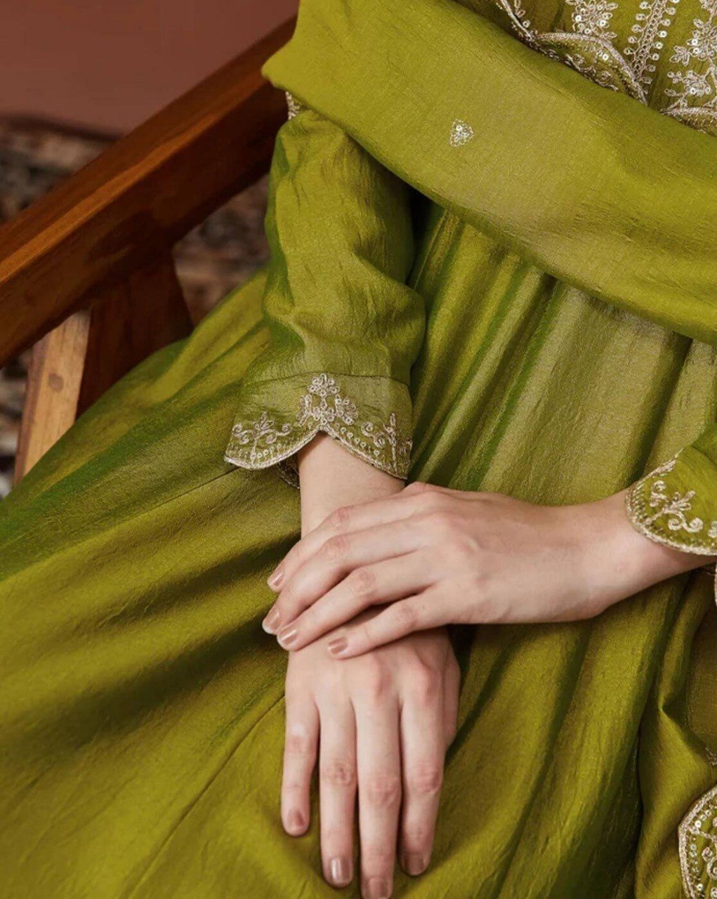 Elegant Olive Green Silk Blend Embroidered Anarkali Kurta Set with Trousers & Dupatta