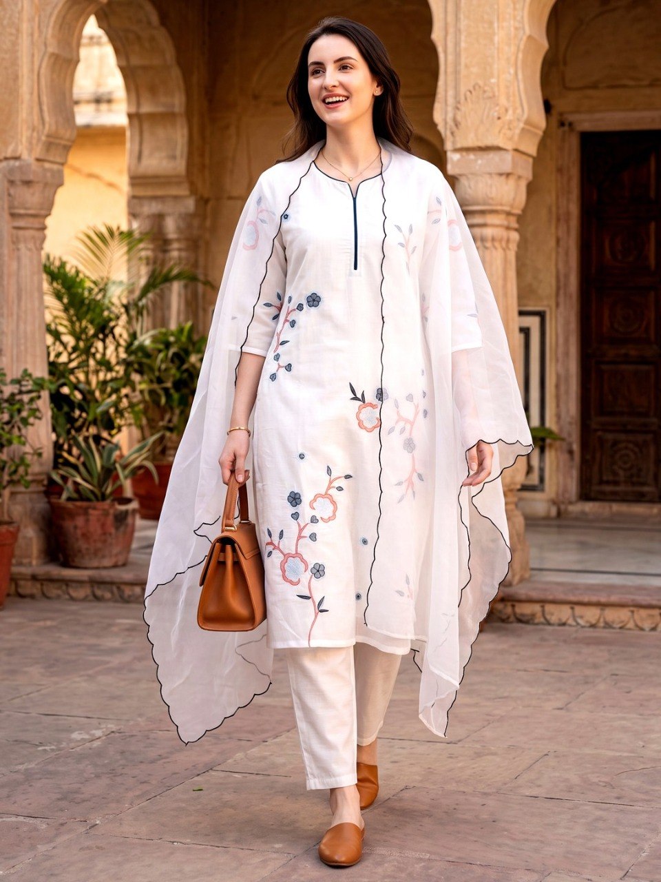 Ivory Blossom Hand-Embroidered Kurta Set with Organza Style Scalloped Dupatta