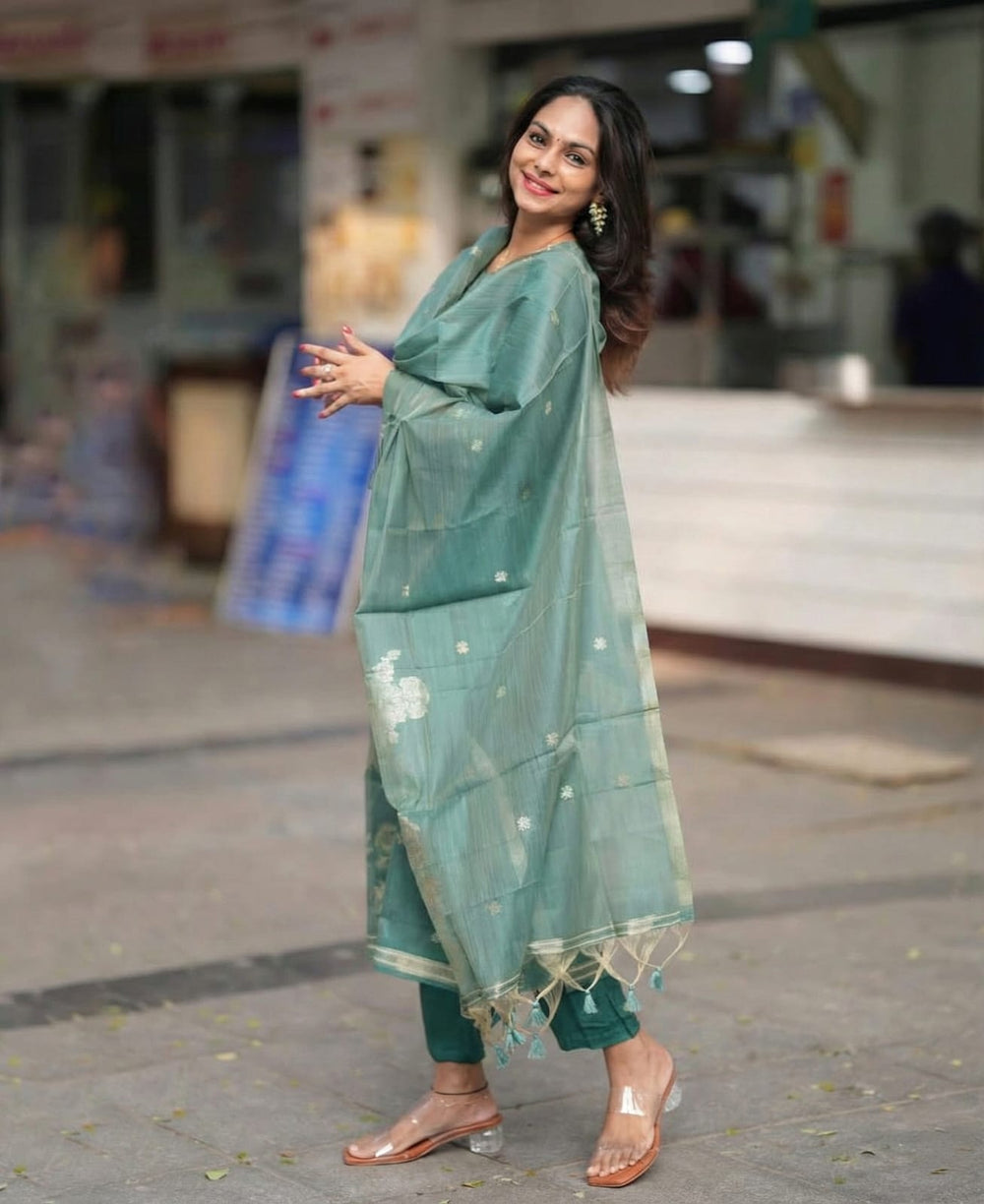 Women's Elegant Sage Green Woven Floral Silk Kurta Pant Set with Dupatta