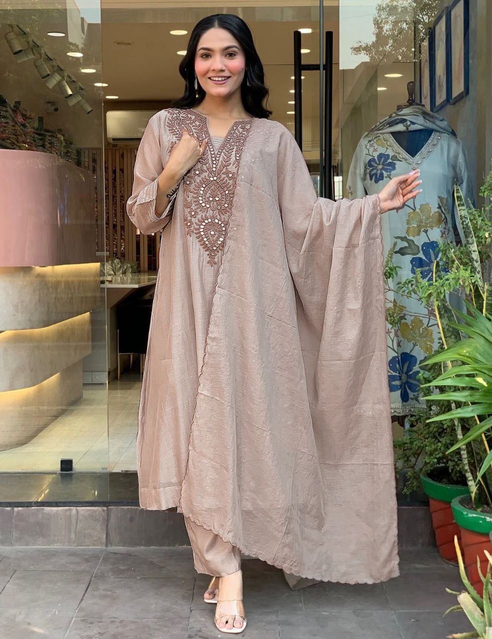 Light Beige Embroidered Kurta Set