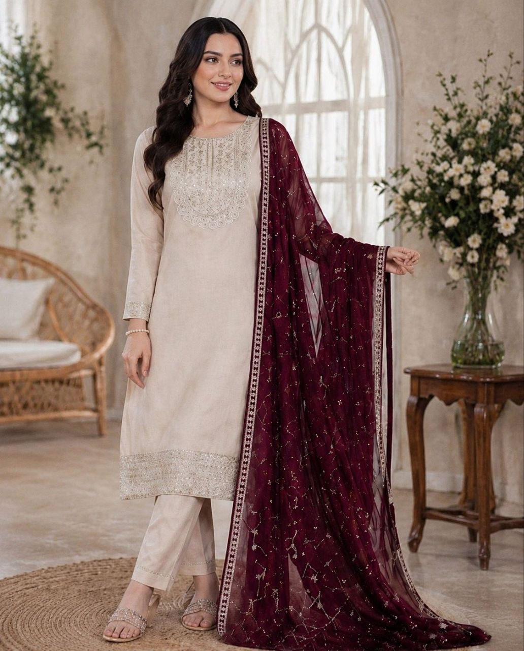 Premium Beige Silk Kurta Set with Deep Wine Dupatta