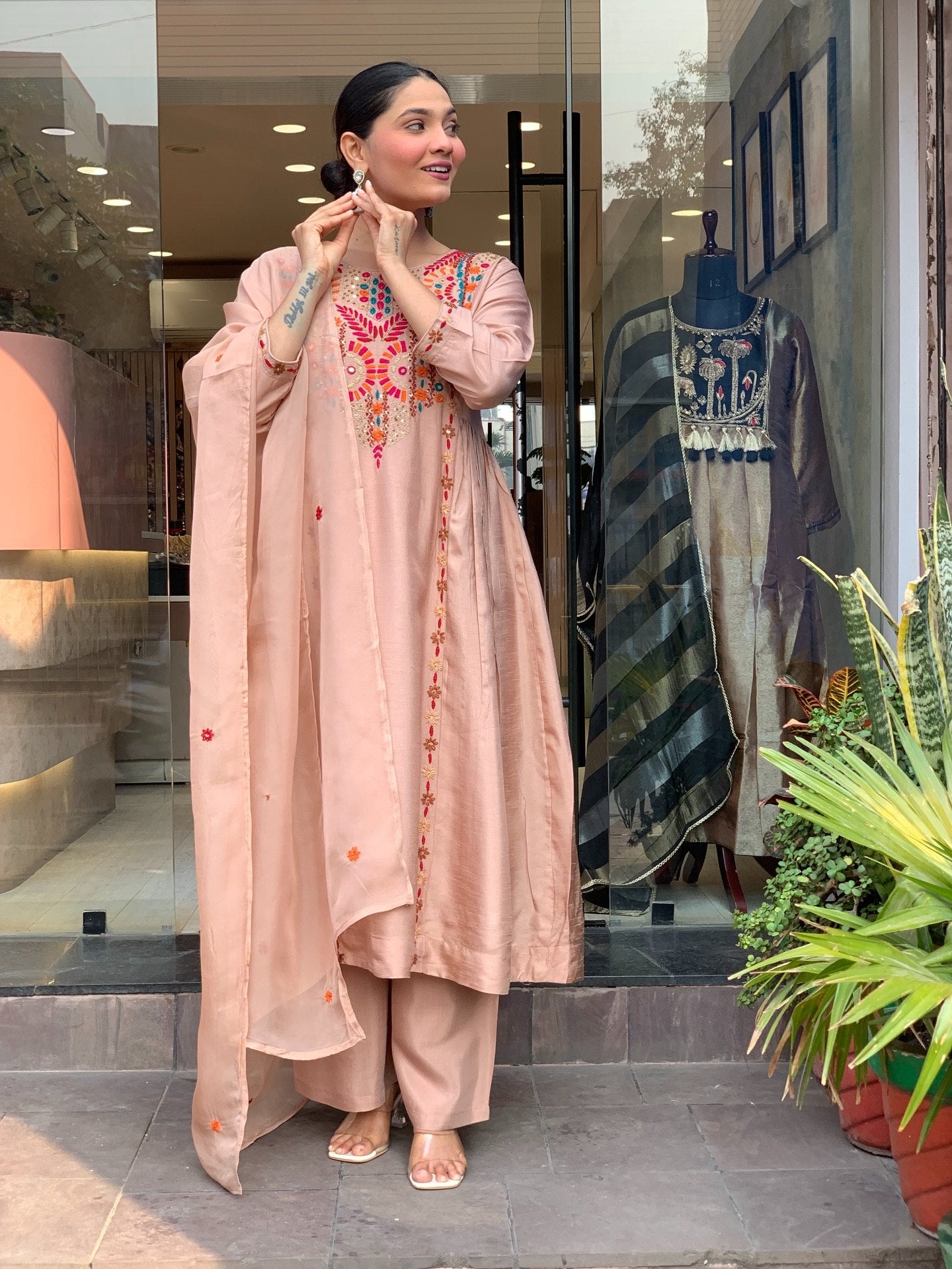 Elegant Peach Embroidered Anarkali Kurta Pant Set with Dupatta