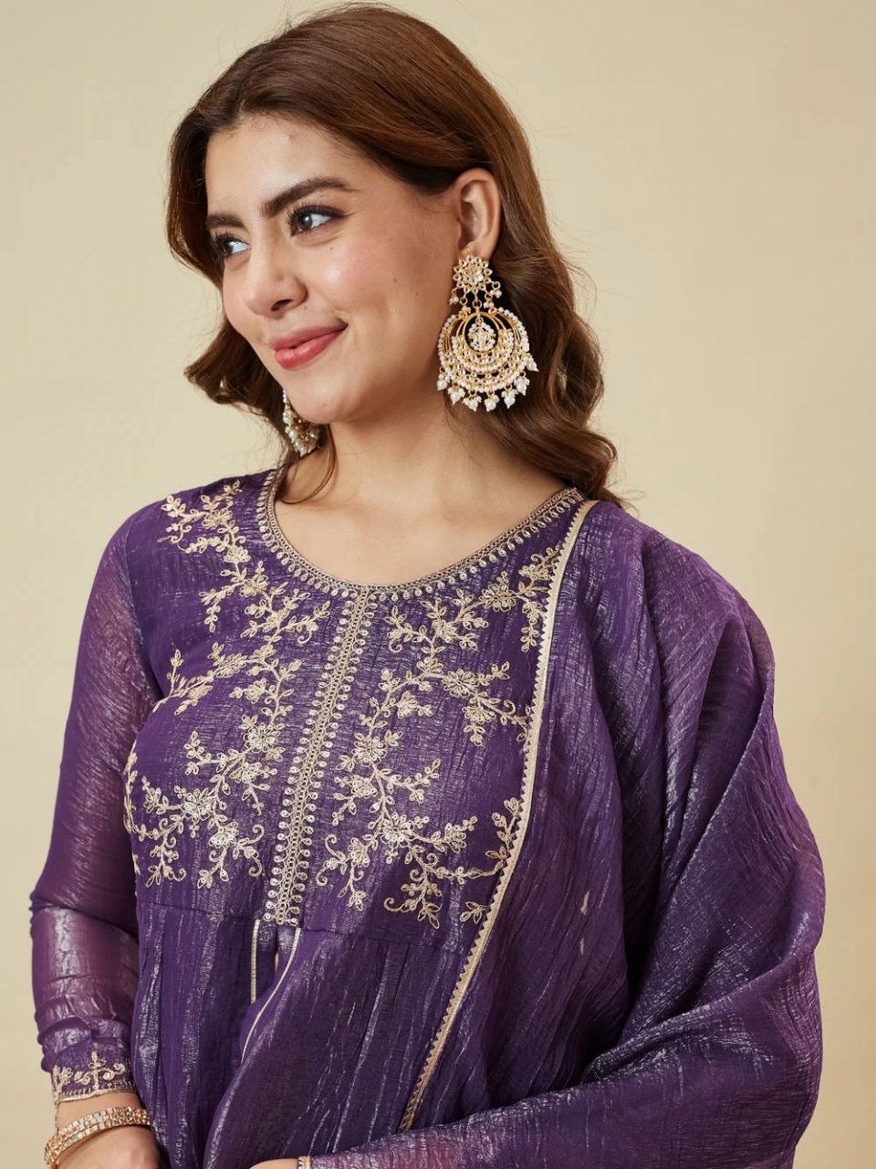 Purple Embroidered Kurta Palazzo Set with Dupatta