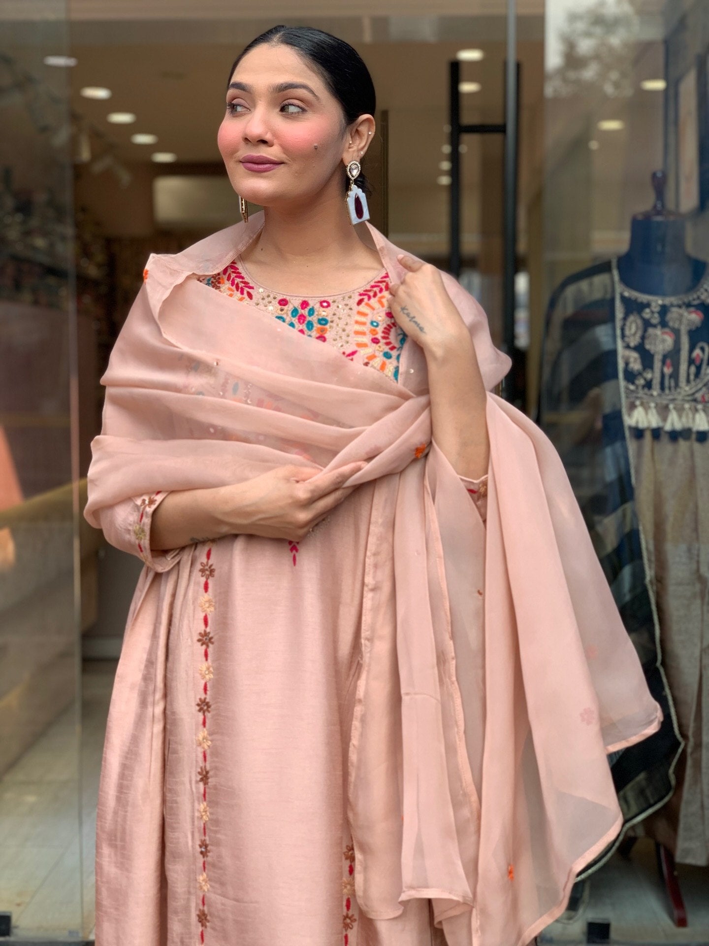 Elegant Peach Embroidered Anarkali Kurta Pant Set with Dupatta