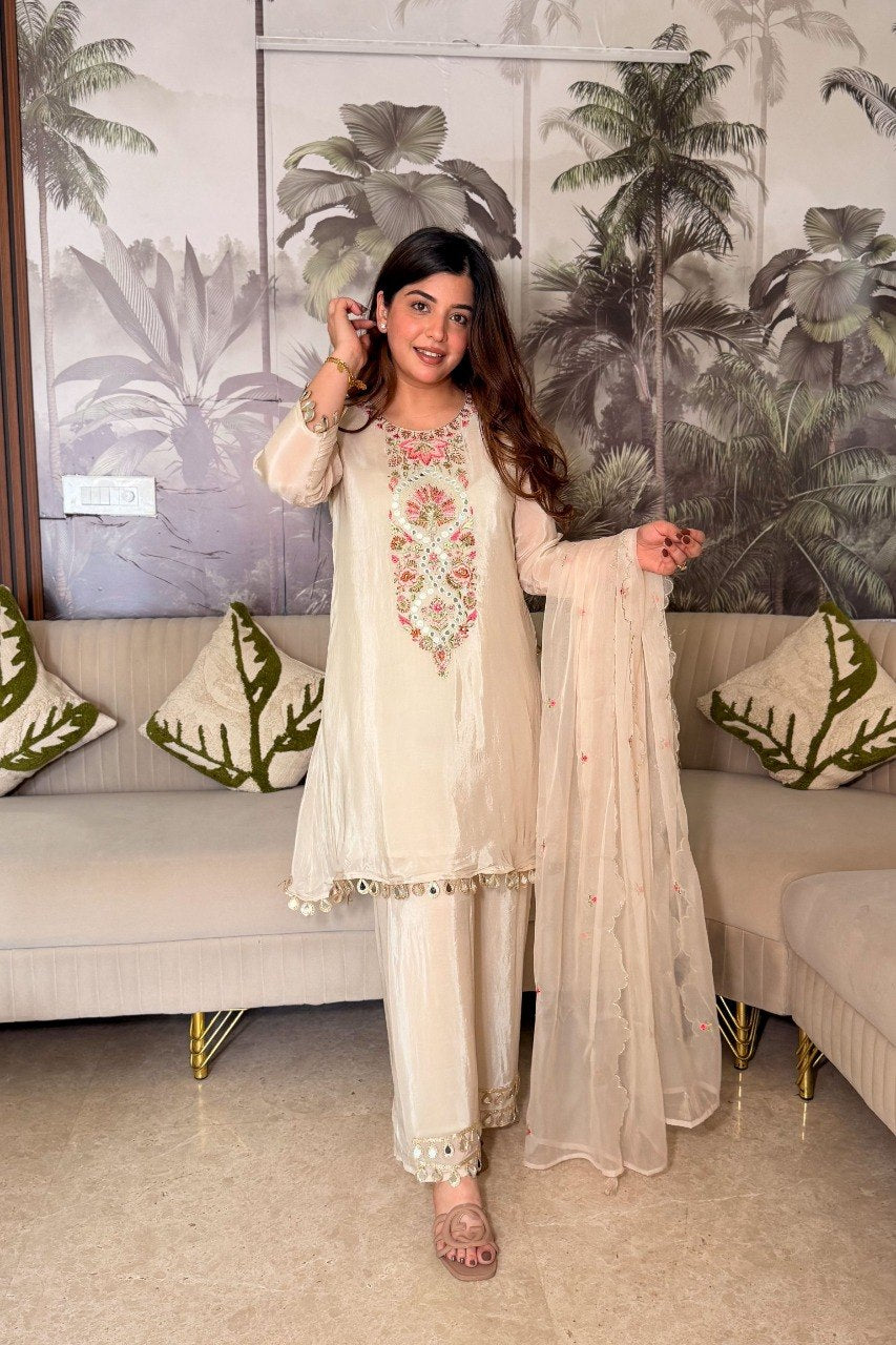 Elegant Off-White Thread Work Kurta Set with Palazzo and  Dupatta