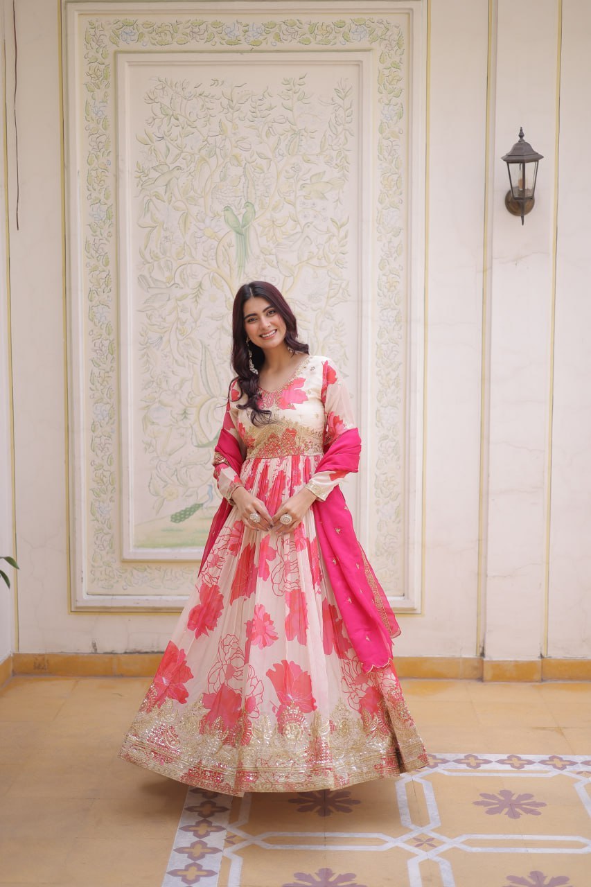 White With Pink Embroidery Zari Sequins Work Digital Printed Russian Silk Gown With Dupatta