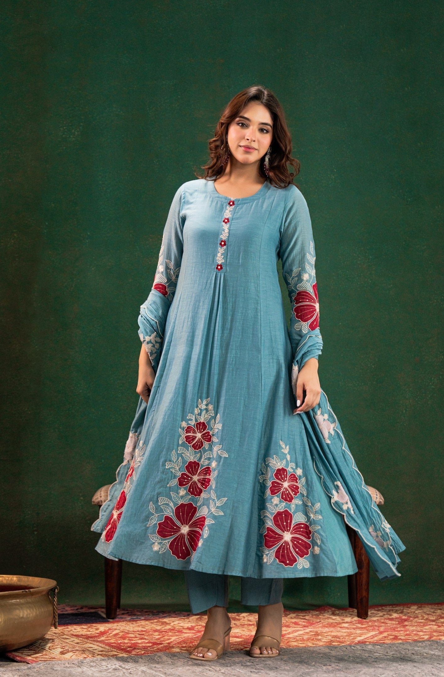 Sky Blue Cotton Silk Floral Thread Work Flared Anarkali Suit with Pants & Dupatta