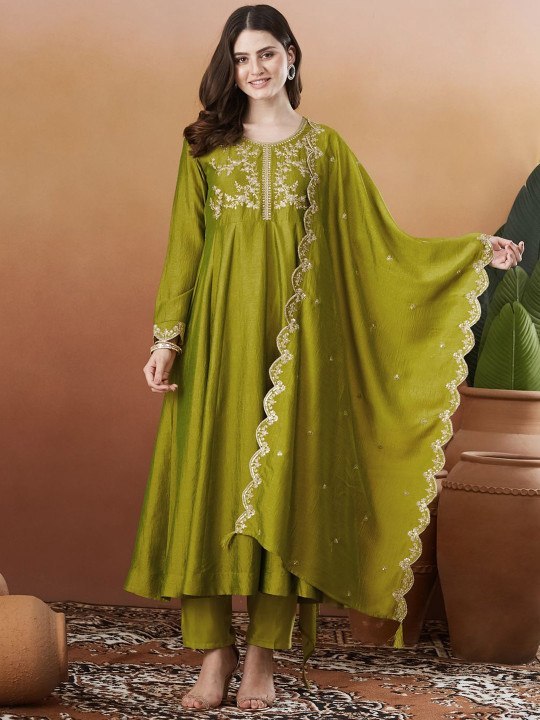 Elegant Olive Green Silk Blend Embroidered Anarkali Kurta Set with Trousers & Dupatta