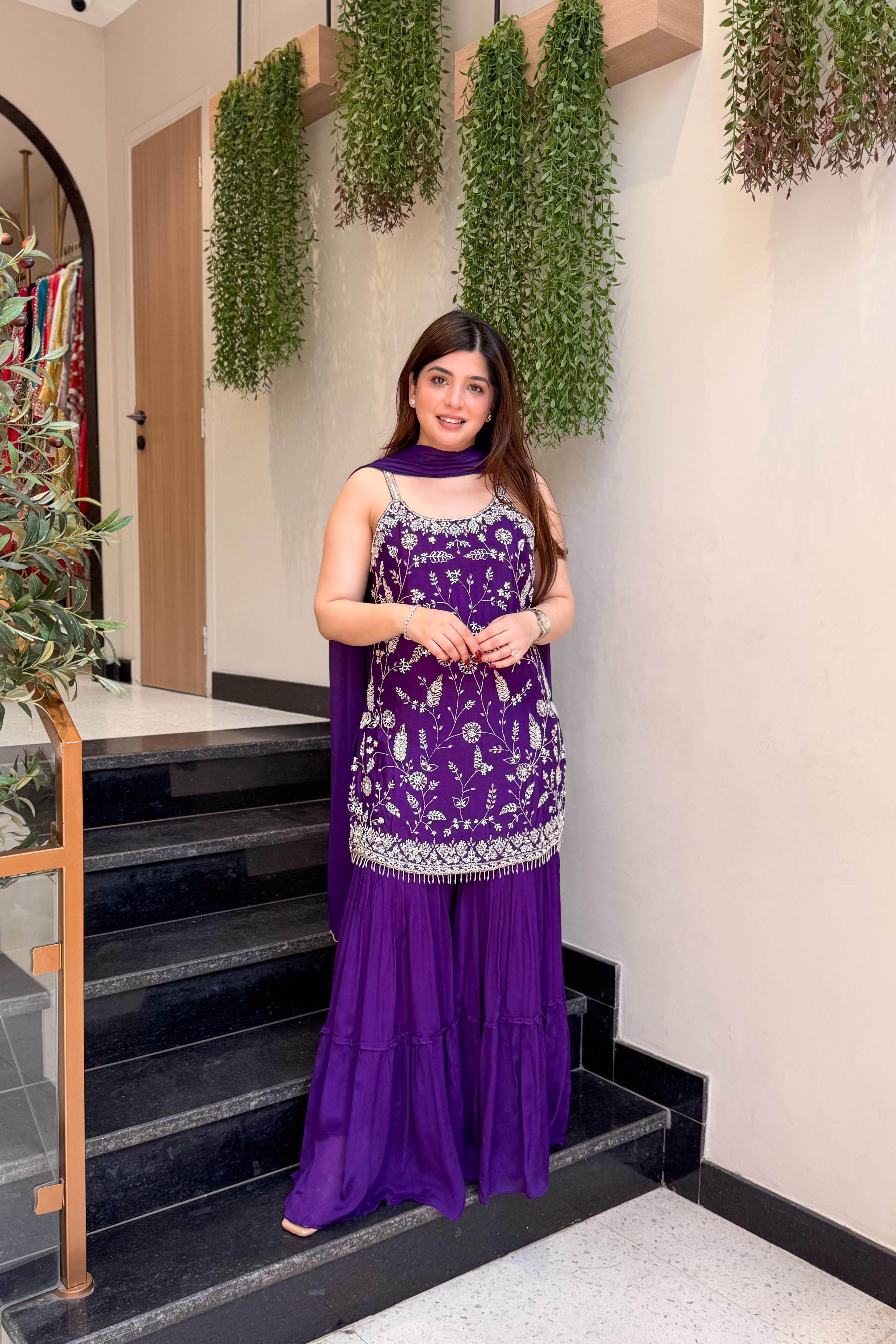 Majestic Purple Sequins Work Kurta Sharara Set