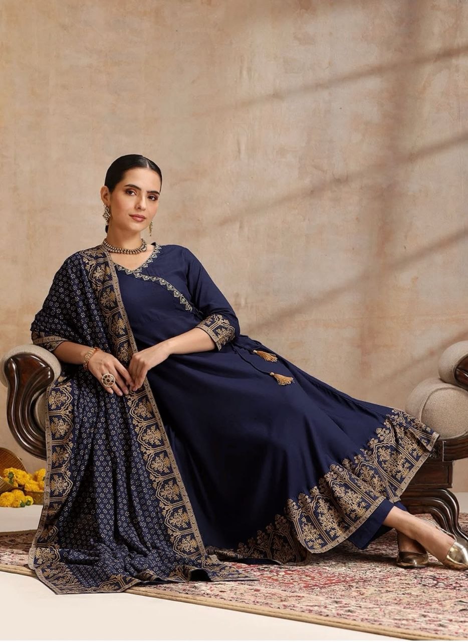 Navy Blue Anarkali Kurta Set with Zari Border Dupatta & Pants