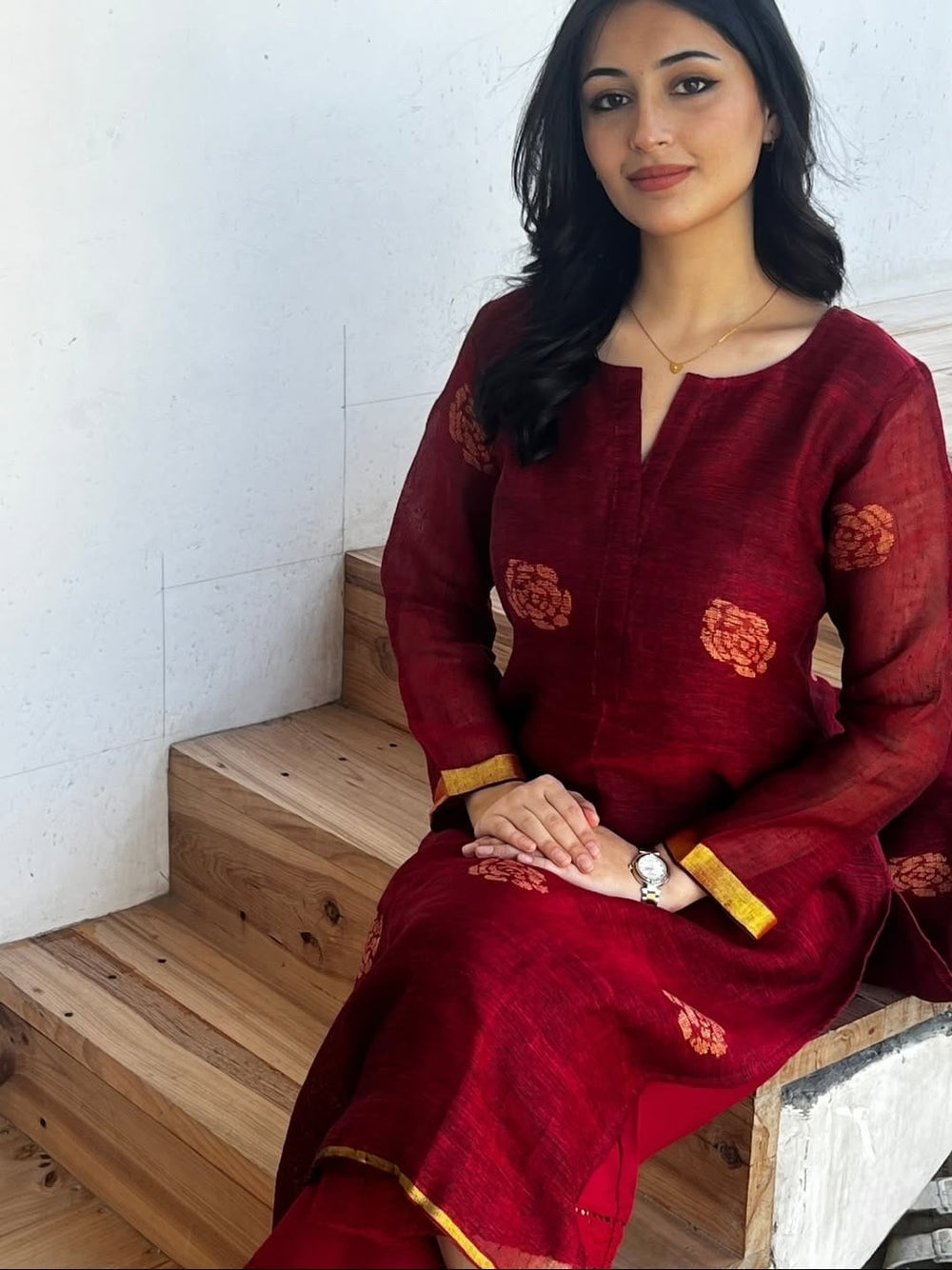 Maroon Straight Kurta Set featuring Exquisite Handwoven Border