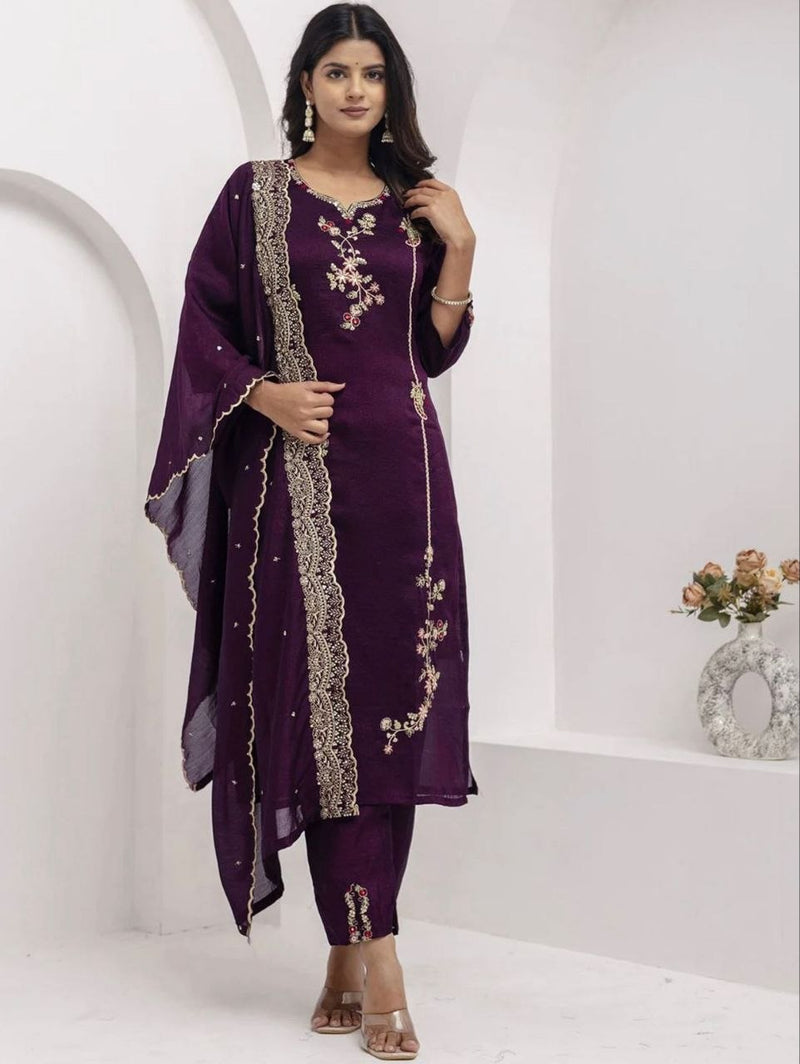 Deep Purple Embroidered Straight Kurta Set with Dupatta